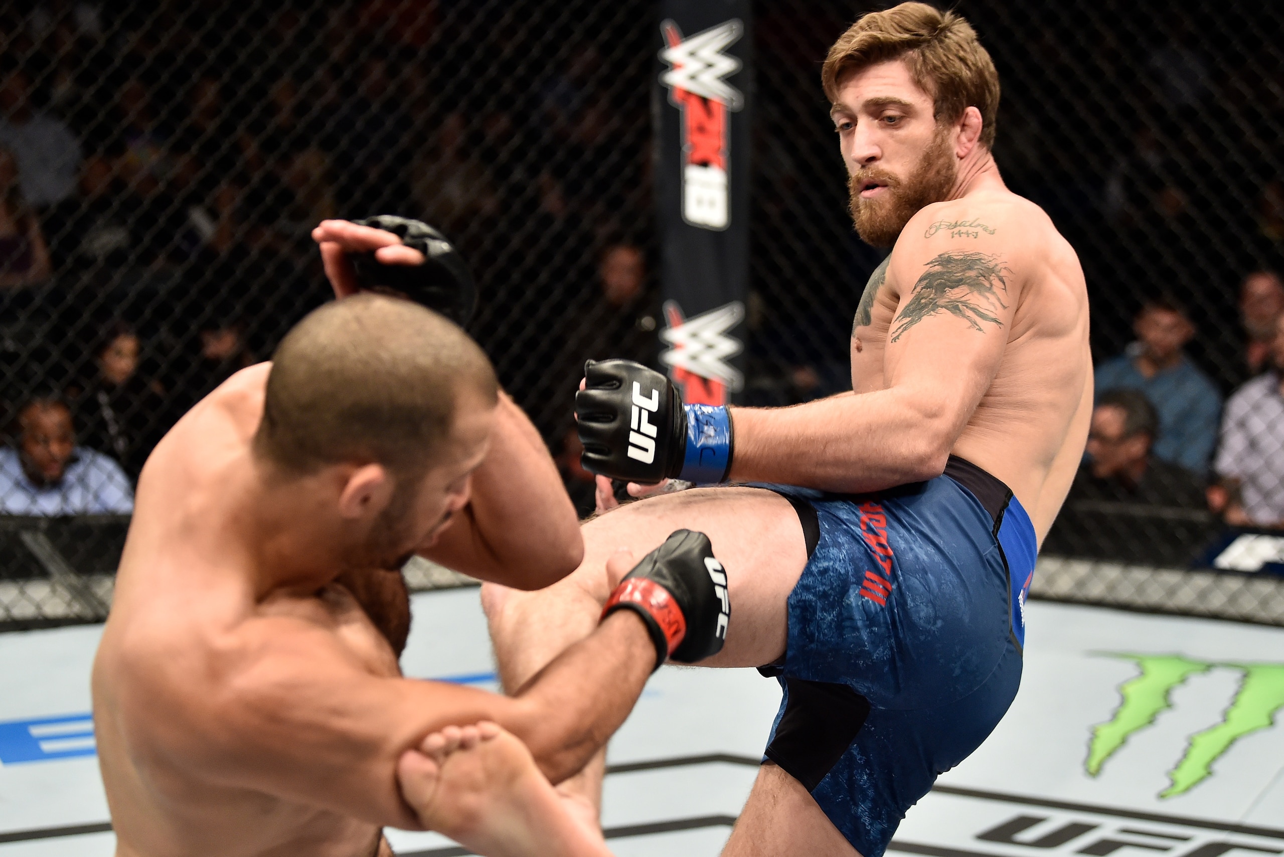 LAS VEGAS, NV - DECEMBER 01:  (R-L) Gerald Meerschaert kicks Eric Spicely in their middleweight bout during the TUF Finale event inside Park Theater on December 01, 2017 in Las Vegas, Nevada. (Photo by Jeff Bottari/Zuffa LLC/Zuffa LLC via Getty Images)