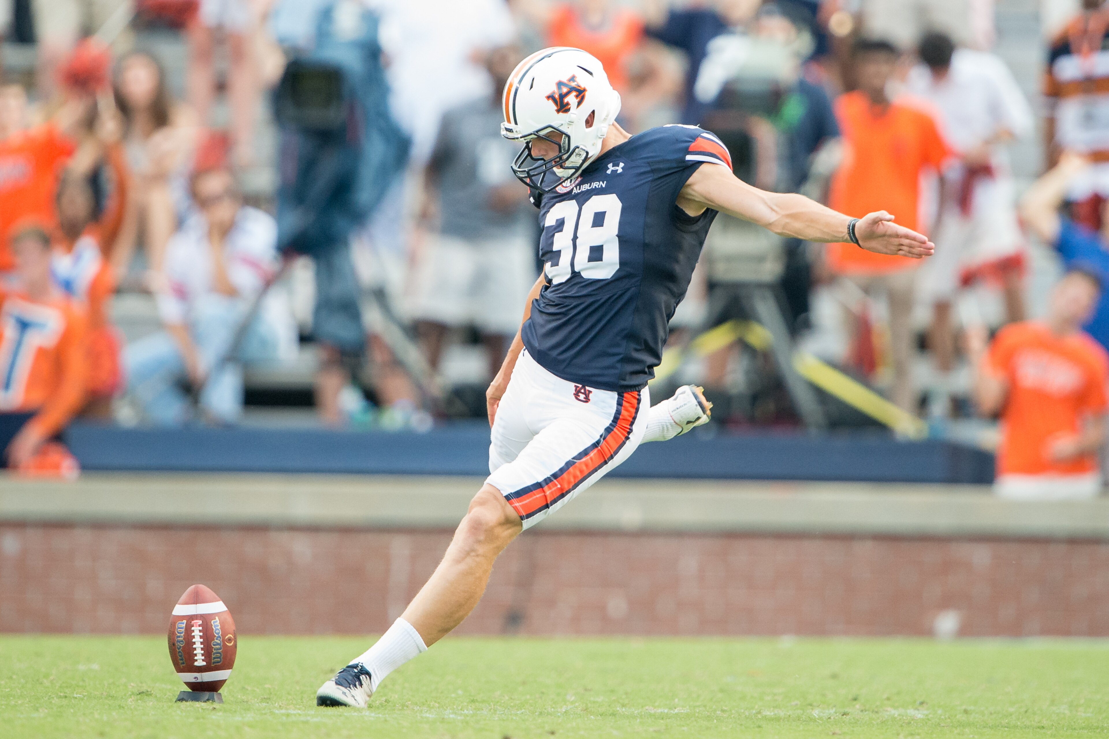 AUBURN, AL - SEPTEMBER 16: Place kicker Daniel Carlson #38 of the Auburn Tigers kicks the ball during their game against the Mercer Bears at Jordan-Hare Stadium on September 16, 2017 in Auburn, Alabama. (Photo by Michael Chang/Getty Images) AUBURN, AL - SEPTEMBER 16: Place kicker Daniel Carlson #38 of the Auburn Tigers kicks the ball during their game against the Mercer Bears at Jordan-Hare Stadium on September 16, 2017 in Auburn, Alabama. (Photo by Michael Chang/Getty Images)