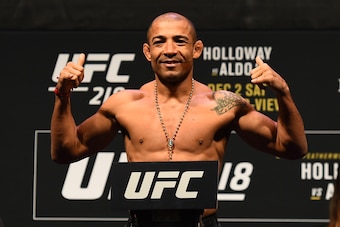 DETROIT, MI - DECEMBER 01:  Jose Aldo of Brazil poses on the scale during the UFC 218 weigh-in inside Little Caesars Arena on December 1, 2017 in Detroit, Michigan. (Photo by Josh Hedges/Zuffa LLC/Zuffa LLC via Getty Images)