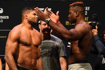 DETROIT, MI - DECEMBER 01:  (L-R) Alistair Overeem of The Netherlands and Francis Ngannou of Cameroon face off during the UFC 218 weigh-in inside Little Caesars Arena on December 1, 2017 in Detroit, Michigan. (Photo by Josh Hedges/Zuffa LLC/Zuffa LLC via 