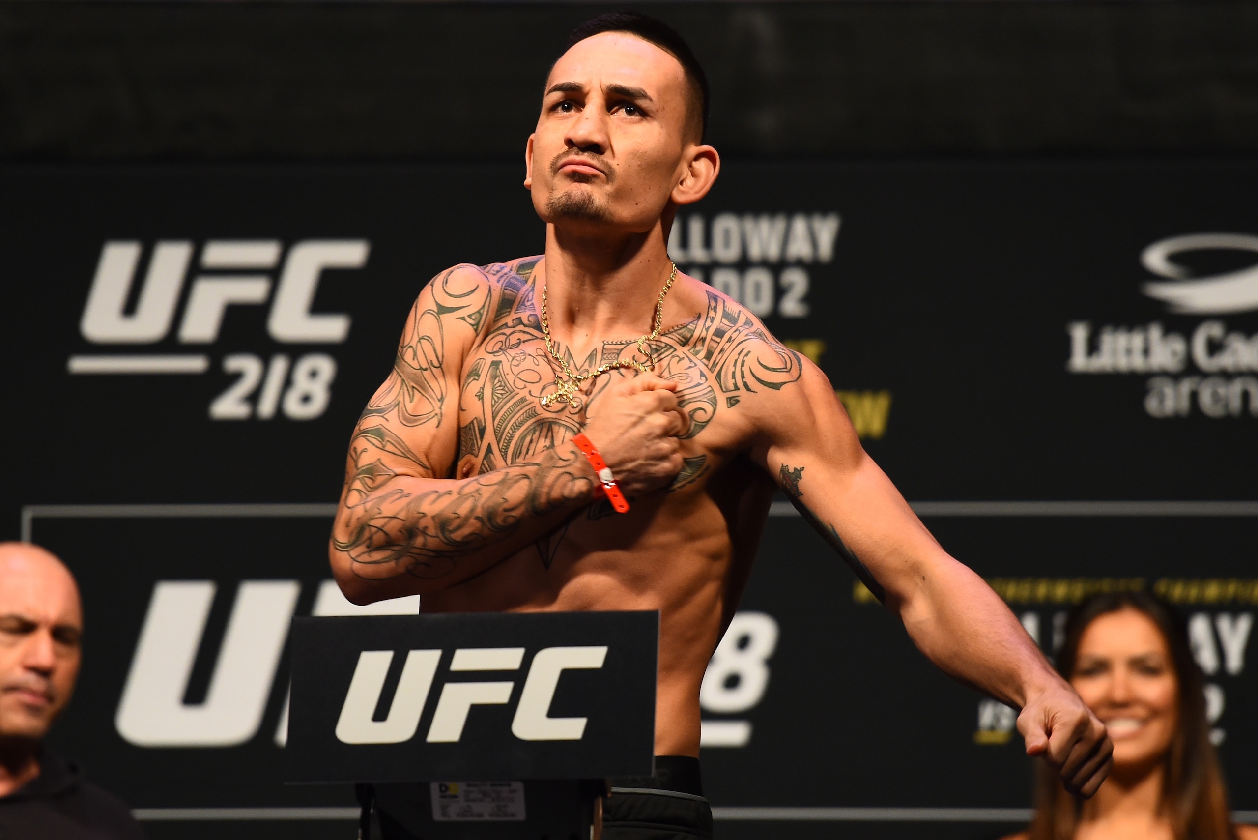 DETROIT, MI - DECEMBER 01:  Max Holloway poses on the scale during the UFC 218 weigh-in inside Little Caesars Arena on December 1, 2017 in Detroit, Michigan. (Photo by Josh Hedges/Zuffa LLC/Zuffa LLC via Getty Images)
