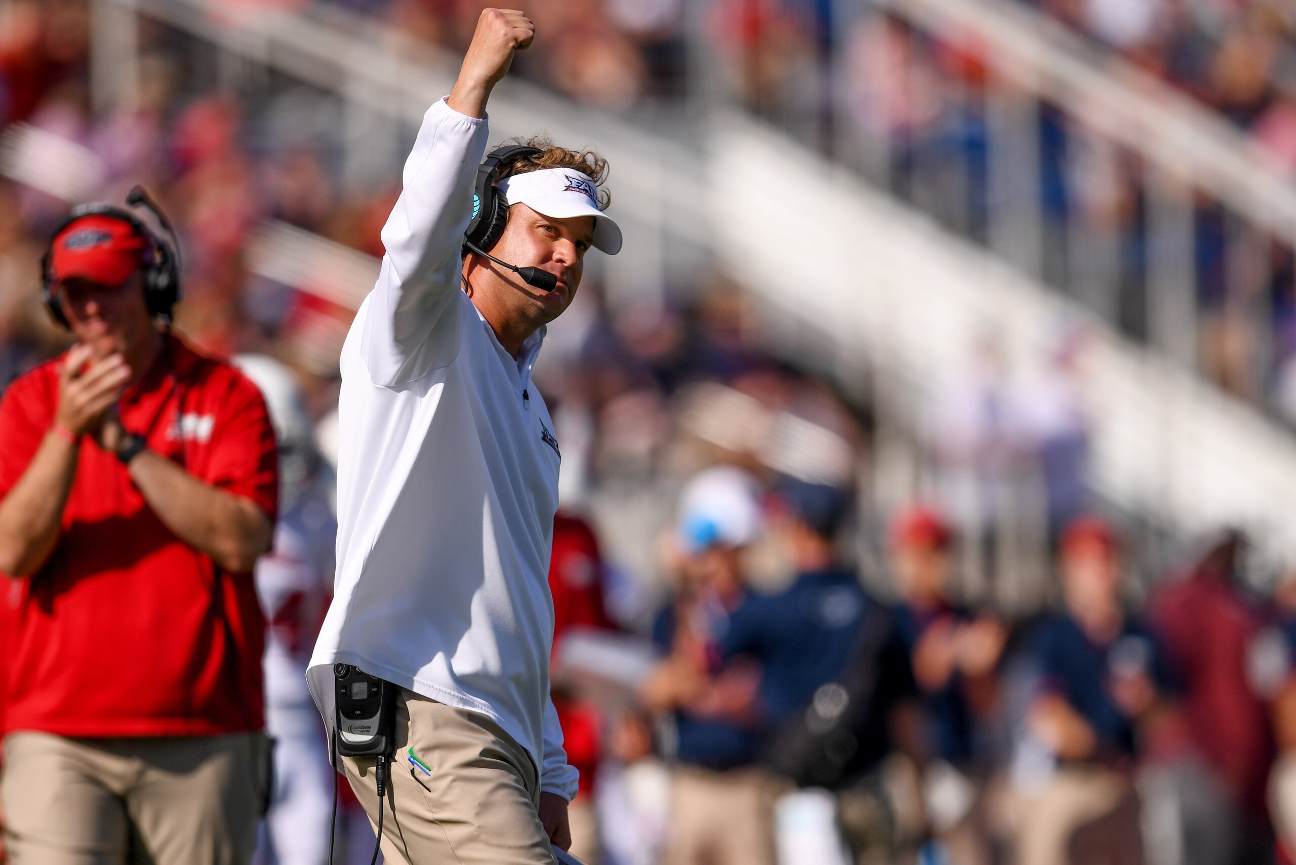 BOCA RATON, FL - DECEMBER 02: Head coach Lane Kiffin of the Florida Atlantic Owls pumps his fist during the Conference USA Championship game against the North Texas Mean Green at FAU Stadium on December 2, 2017 in Boca Raton, Florida. (Photo by Rob Foldy/