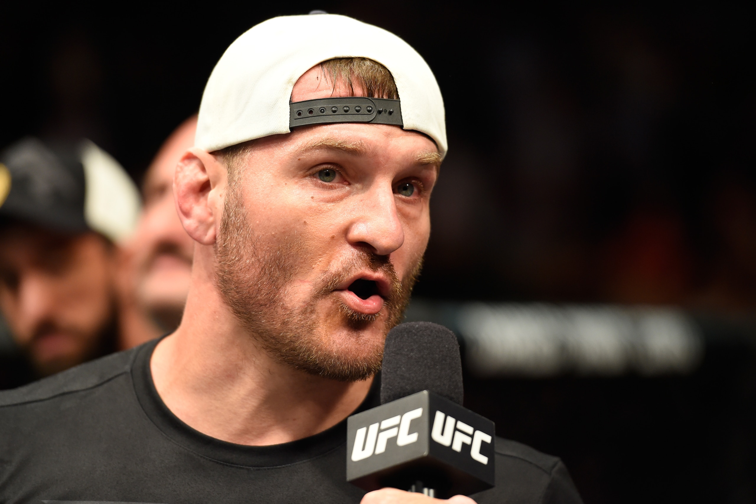 DALLAS, TX - MAY 13: Stipe Miocic speaks to Joe Rogan after his TKO victory over Junior Dos Santos in their UFC heavyweight championship fight during the UFC 211 event at the American Airlines Center on May 13, 2017 in Dallas, Texas. (Photo by Josh Hedge DALLAS, TX - MAY 13: Stipe Miocic speaks to Joe Rogan after his TKO victory over Junior Dos Santos in their UFC heavyweight championship fight during the UFC 211 event at the American Airlines Center on May 13, 2017 in Dallas, Texas. (Photo by Josh Hedge