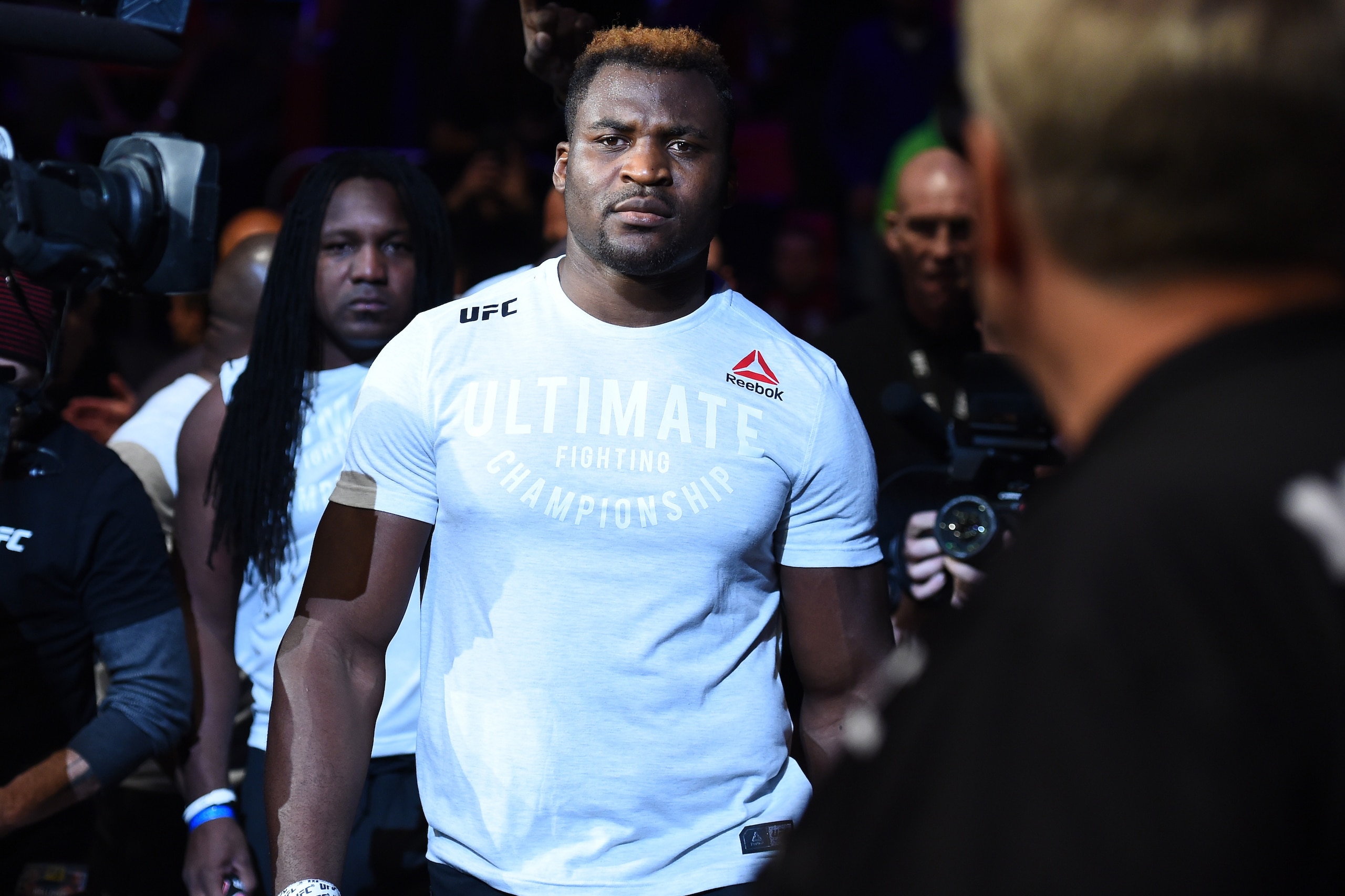 DETROIT, MI - DECEMBER 02: Francis Ngannou of Cameroon prepares to enter the Octagon prior to facing Alistair Overeem of The Netherlands in their heavyweight bout during the UFC 218 event inside Little Caesars Arena on December 02, 2017 in Detroit, Michi DETROIT, MI - DECEMBER 02: Francis Ngannou of Cameroon prepares to enter the Octagon prior to facing Alistair Overeem of The Netherlands in their heavyweight bout during the UFC 218 event inside Little Caesars Arena on December 02, 2017 in Detroit, Michi