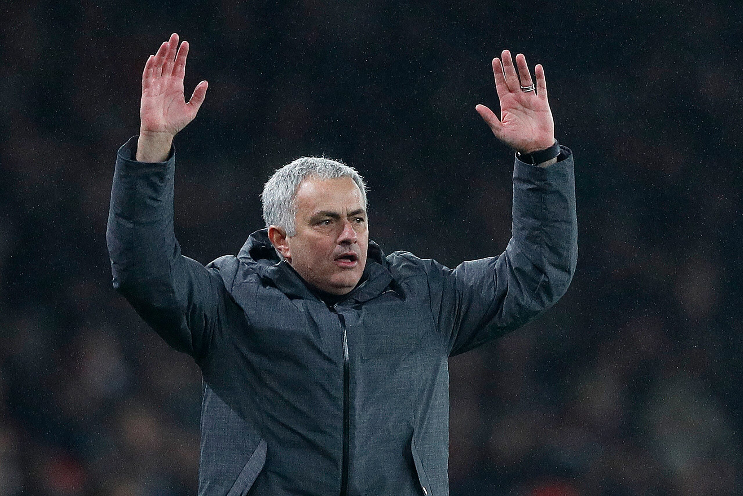 Manchester United's Portuguese manager Jose Mourinho reacts after Manchester United's Belgian striker Romelu Lukaku (unseen) was fouled during the English Premier League football match between Arsenal and Manchester United at the Emirates Stadium in Londo Manchester United's Portuguese manager Jose Mourinho reacts after Manchester United's Belgian striker Romelu Lukaku (unseen) was fouled during the English Premier League football match between Arsenal and Manchester United at the Emirates Stadium in Londo