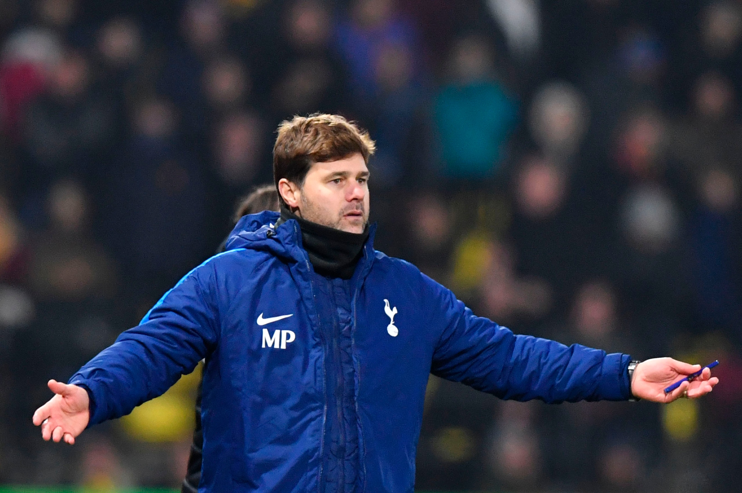 Tottenham Hotspur's Argentinian head coach Mauricio Pochettino reacts on the touchline during the English Premier League football match between Watford and Tottenham Hotspur at Vicarage Road Stadium in Watford, north of London on December 2, 2017. / AFP P