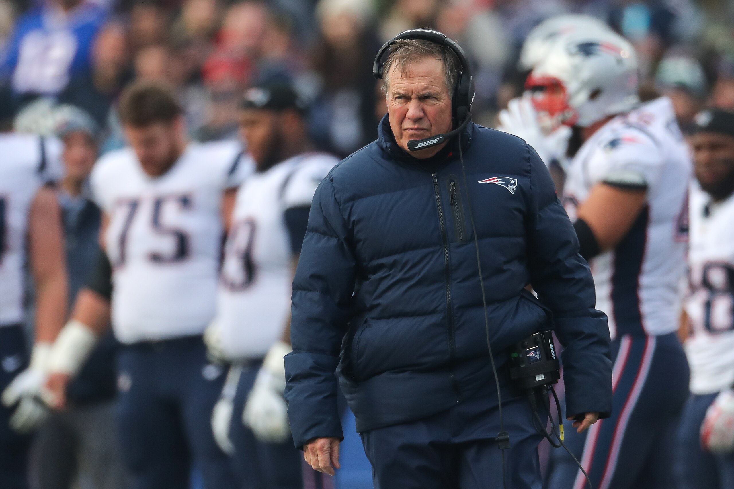 ORCHARD PARK, NY - DECEMBER 3: Head Coach Bill Belichick of the New England Patriots walks the sideline during a game against the Buffalo Bills on December 3, 2017 at New Era Field in Orchard Park, New York. (Photo by Tom Szczerbowski/Getty Images) ORCHARD PARK, NY - DECEMBER 3: Head Coach Bill Belichick of the New England Patriots walks the sideline during a game against the Buffalo Bills on December 3, 2017 at New Era Field in Orchard Park, New York. (Photo by Tom Szczerbowski/Getty Images)
