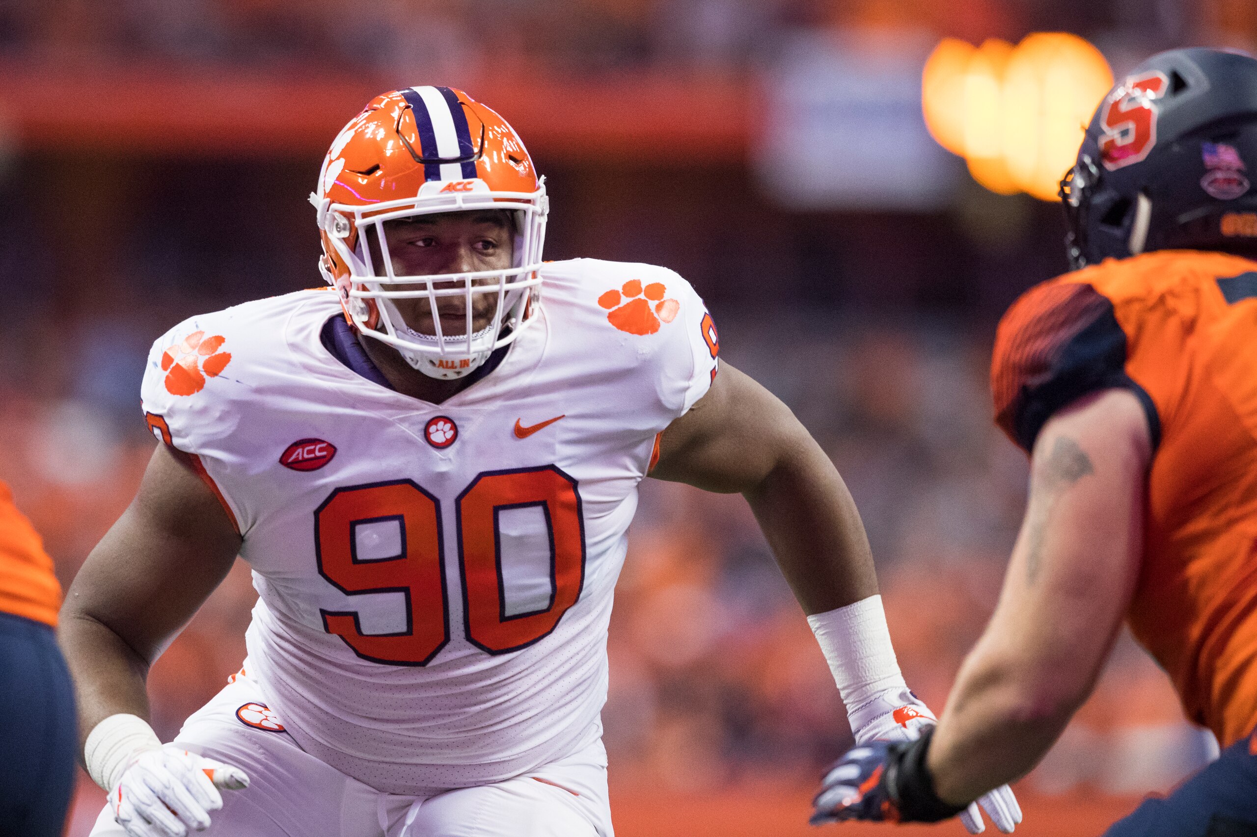 SYRACUSE, NY - OCTOBER 13:  Dexter Lawrence #90 of the Clemson Tigers runs towards the line during the game against the Syracuse Orange at the Carrier Dome on October 13, 2017 in Syracuse, New York. Syracuse defeats Clemson 27-24.  (Photo by Brett Carlsen