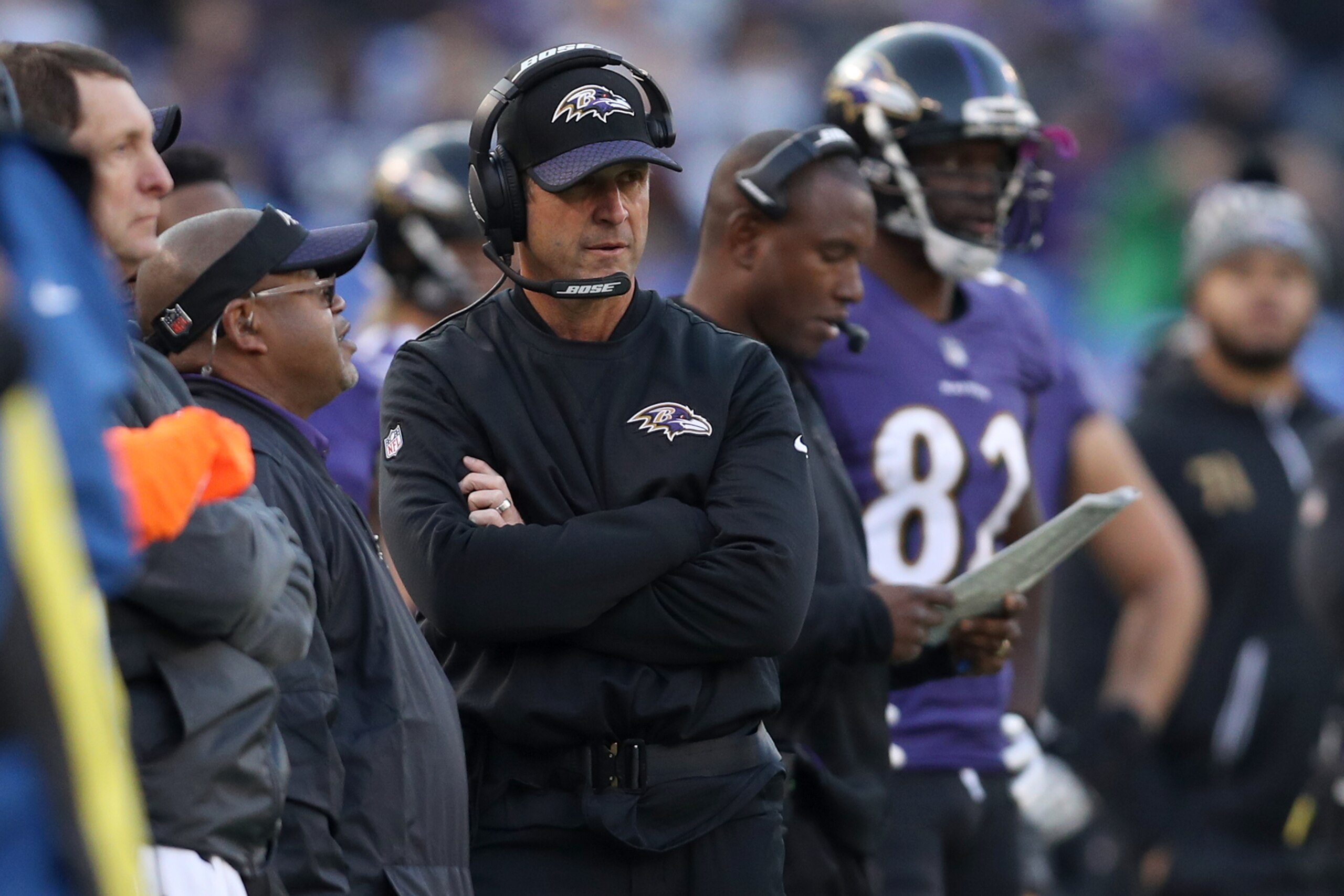 BALTIMORE, MD - DECEMBER 3: Head Coach John Harbaugh of the Baltimore Ravens looks on from the side lines in the fourth quarter against the Detroit Lions at M&T Bank Stadium on December 3, 2017 in Baltimore, Maryland. (Photo by Patrick Smith/Getty Images)