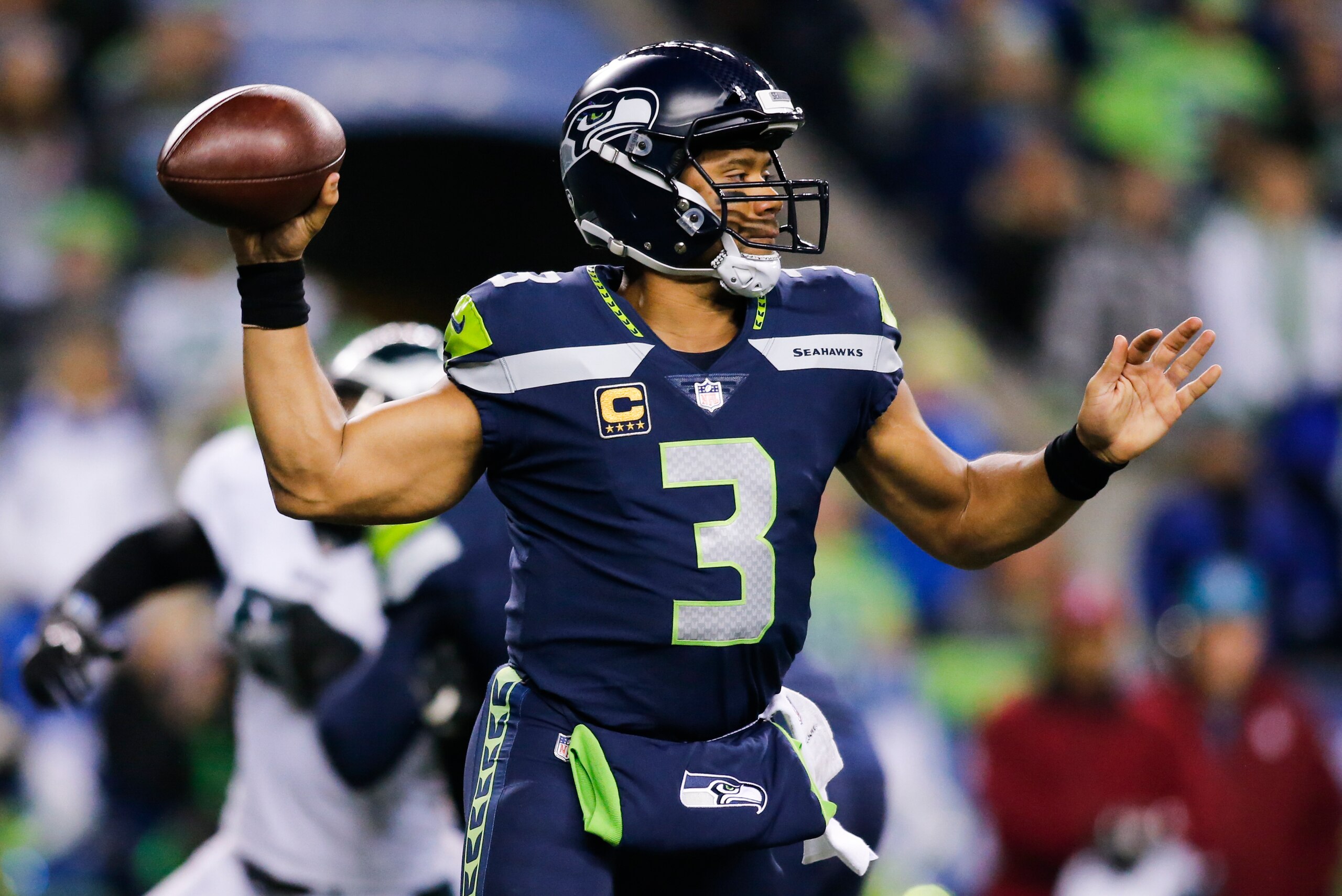SEATTLE, WA - DECEMBER 03: Quarterback Russell Wilson #3 of the Seattle Seahawks passes against the Philadelphia Eagles in the first quarter at CenturyLink Field on December 3, 2017 in Seattle, Washington. (Photo by Jonathan Ferrey/Getty Images)