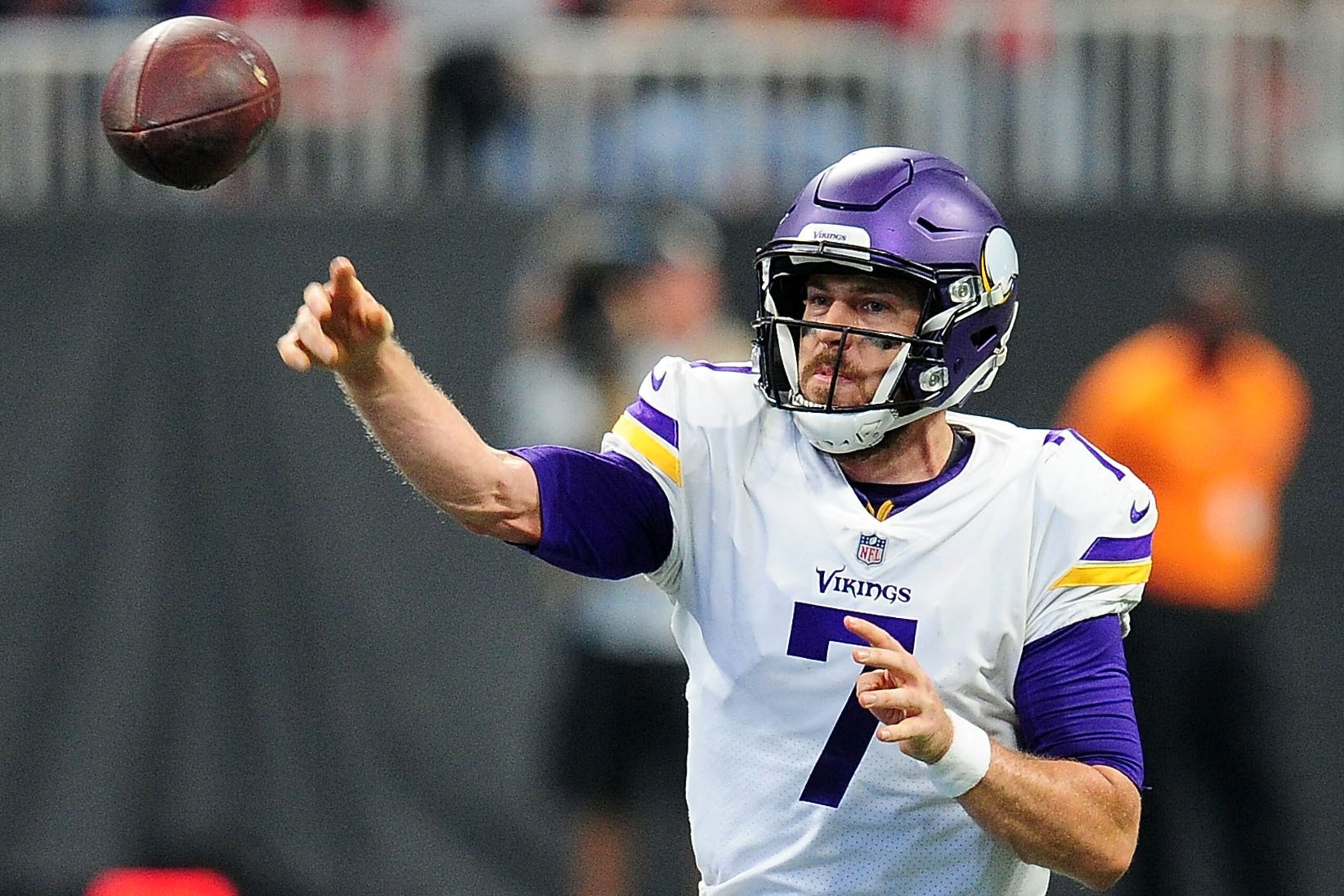 ATLANTA, GA - DECEMBER 03: Case Keenum #7 of the Minnesota Vikings throws a pass during the second half against the Atlanta Falcons at Mercedes-Benz Stadium on December 3, 2017 in Atlanta, Georgia. (Photo by Scott Cunningham/Getty Images)