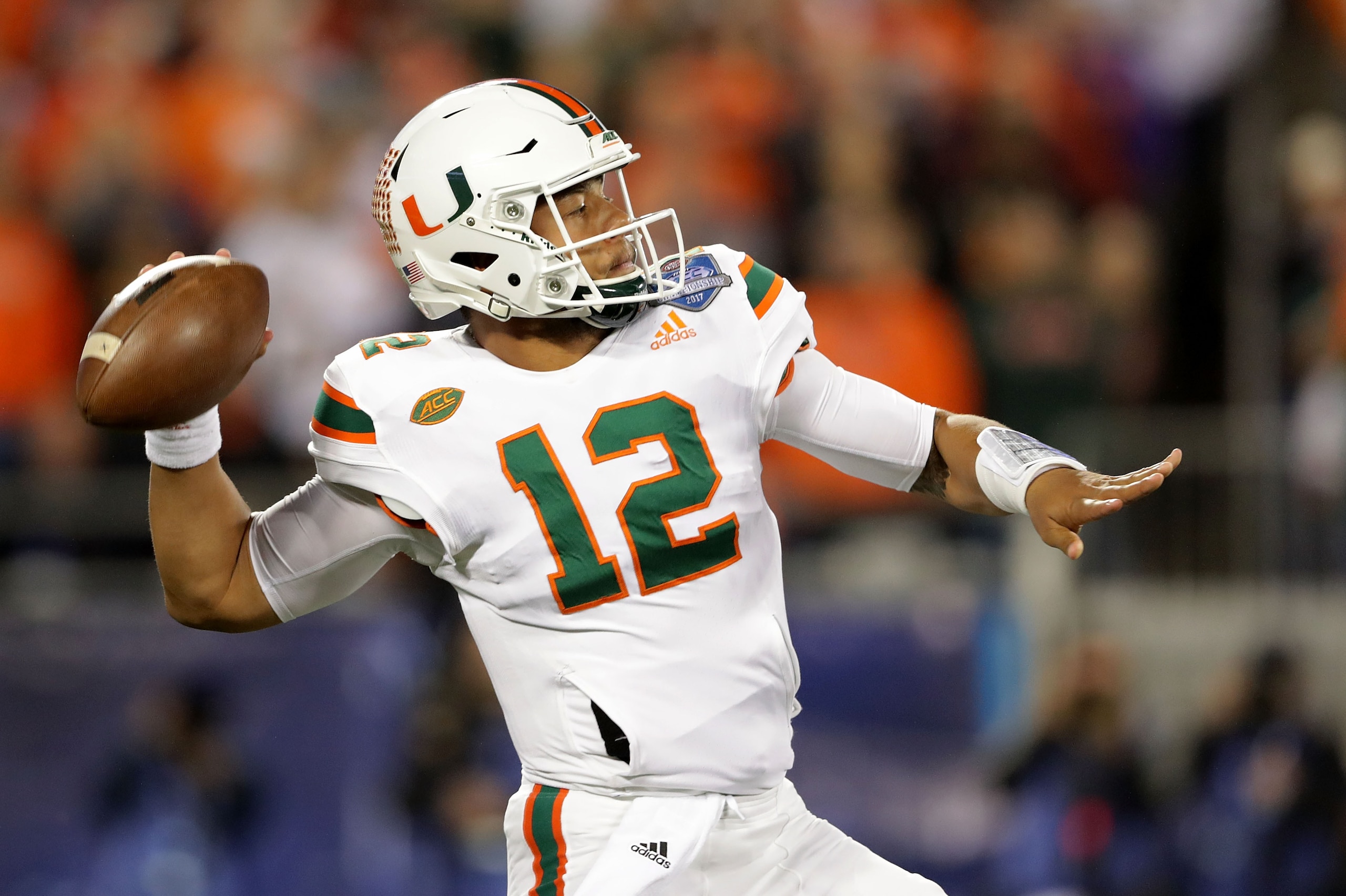 CHARLOTTE, NC - DECEMBER 02:  Malik Rosier #12 of the Miami Hurricanes throws a pass against the Clemson Tigers in the first quarter during the ACC Football Championship at Bank of America Stadium on December 2, 2017 in Charlotte, North Carolina.  (Photo 