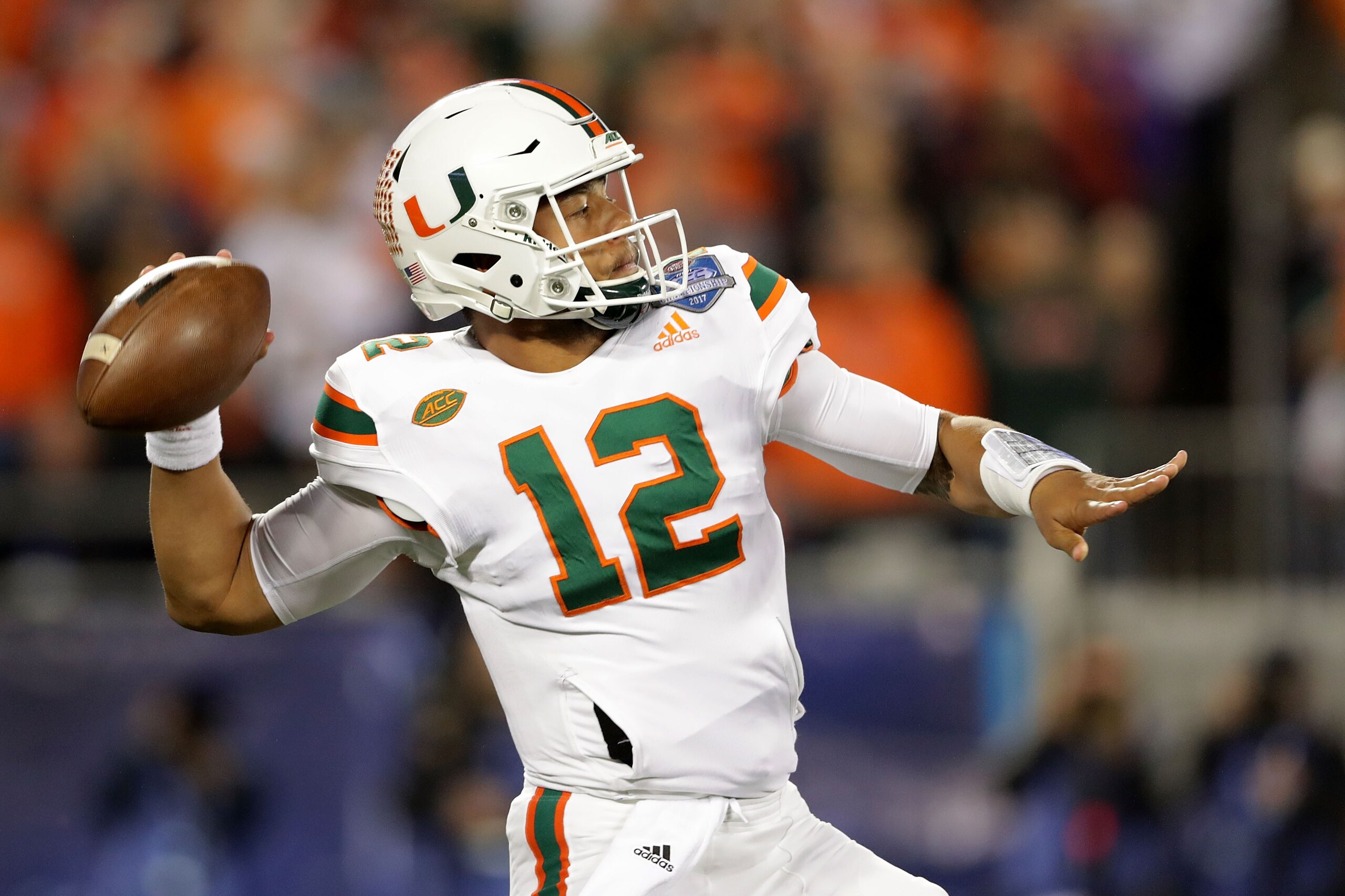 CHARLOTTE, NC - DECEMBER 02:  Malik Rosier #12 of the Miami Hurricanes throws a pass against the Clemson Tigers in the first quarter during the ACC Football Championship at Bank of America Stadium on December 2, 2017 in Charlotte, North Carolina.  (Photo 