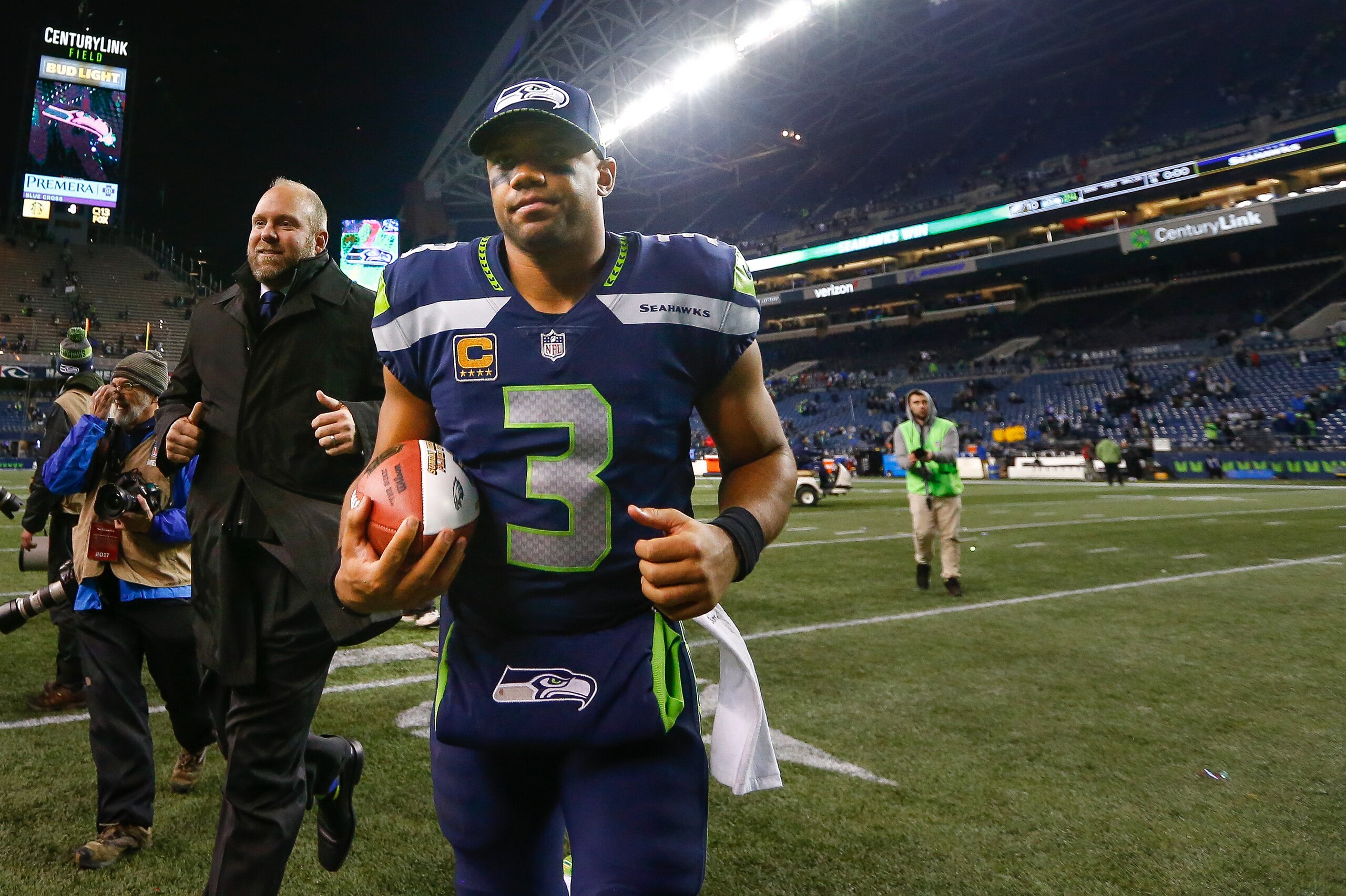 SEATTLE, WA - DECEMBER 03: Russell Wilson #3 of the Seattle Seahawks runs off the field after beating the Philadelphia Eagles at CenturyLink Field on December 3, 2017 in Seattle, Washington. The Seattle Seahawks beat the Philadelphia Eagles 24-10. (Photo 
