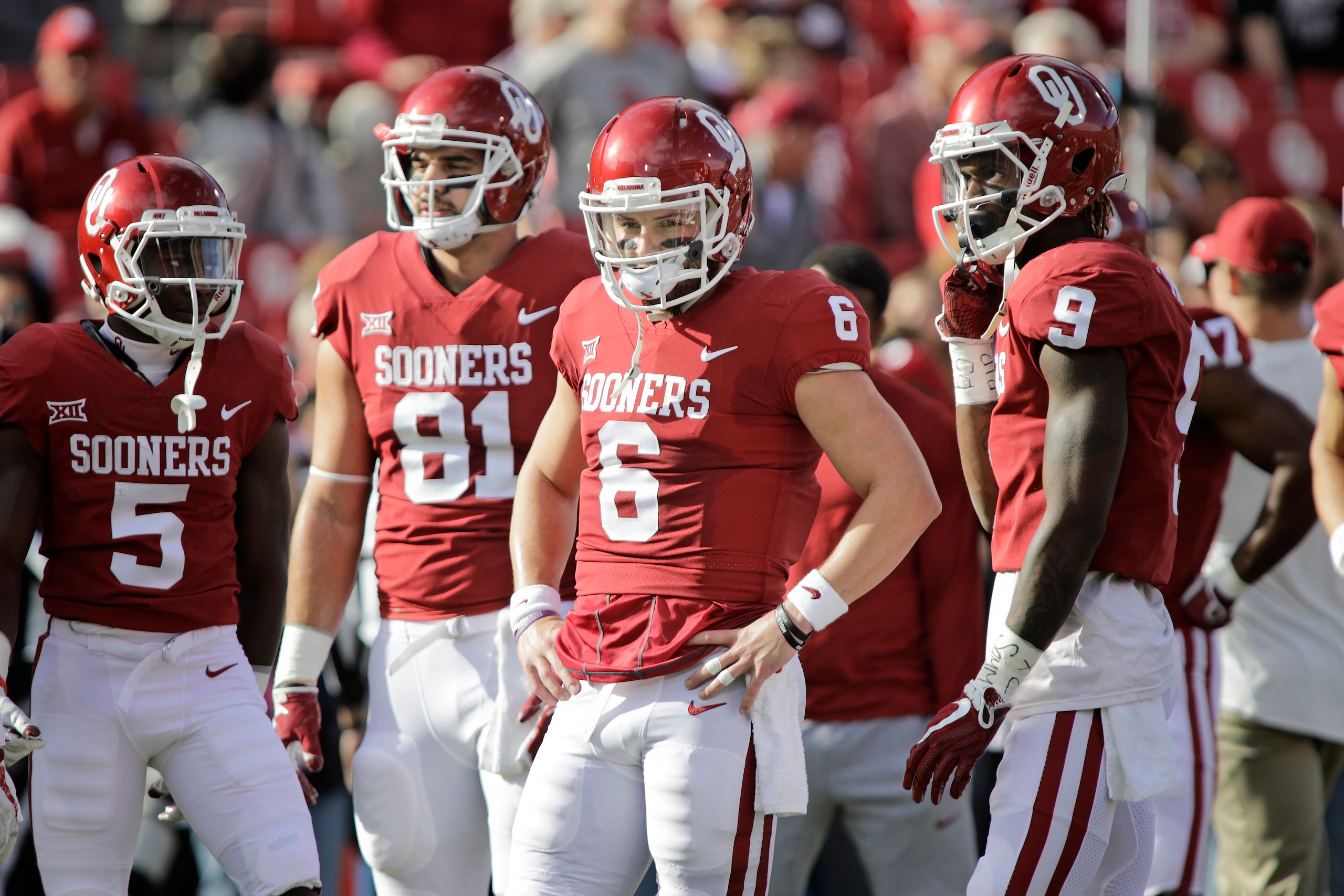 NORMAN, OK - NOVEMBER 25: Quarterback Baker Mayfield #6 of the Oklahoma Sooners during warm ups before the game against the West Virginia Mountaineers at Gaylord Family Oklahoma Memorial Stadium on November 25, 2017 in Norman, Oklahoma. Oklahoma defeated 