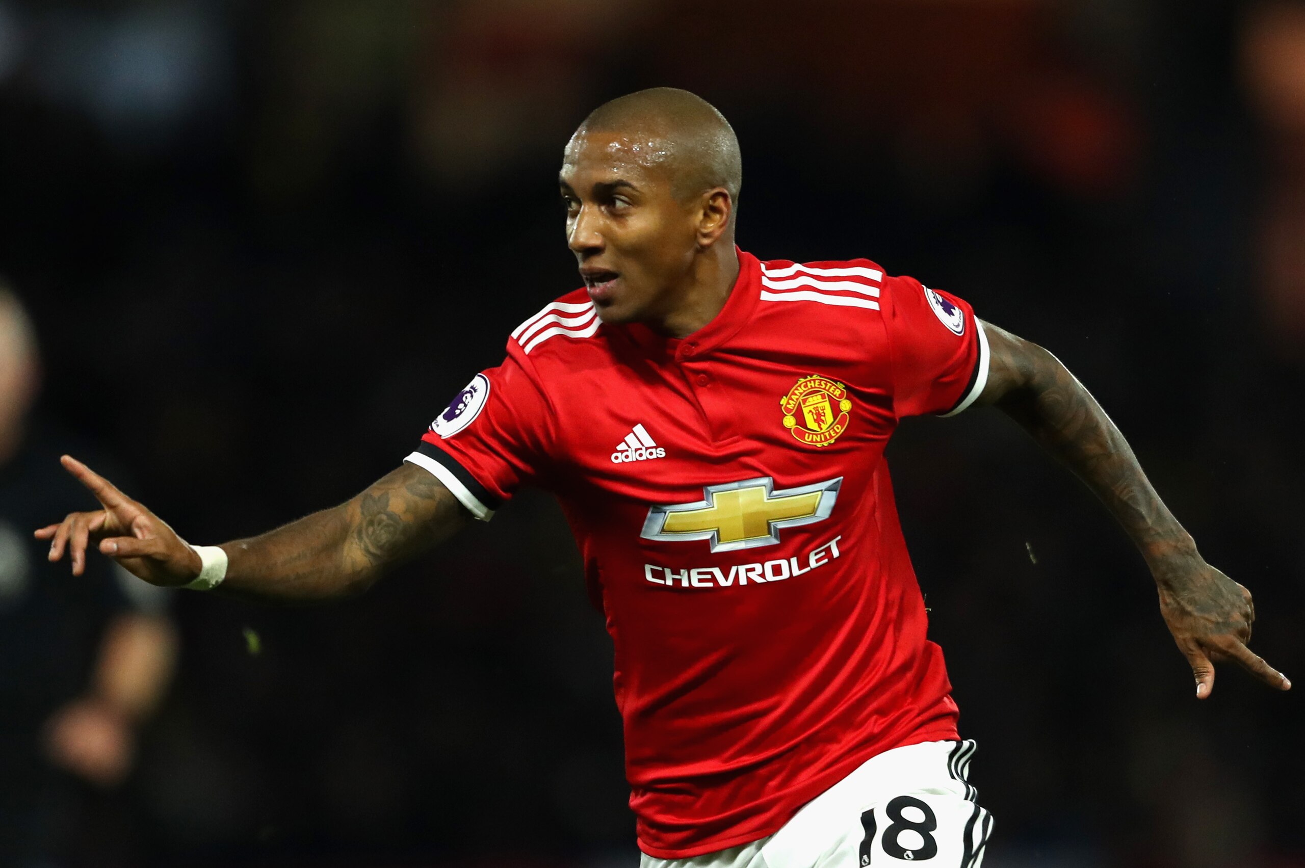 WATFORD, ENGLAND - NOVEMBER 28:  Ashley Young of Manchester United celebrates scoring the 2nd goal during the Premier League match between Watford and Manchester United at Vicarage Road on November 28, 2017 in Watford, England.  (Photo by Richard Heathcot