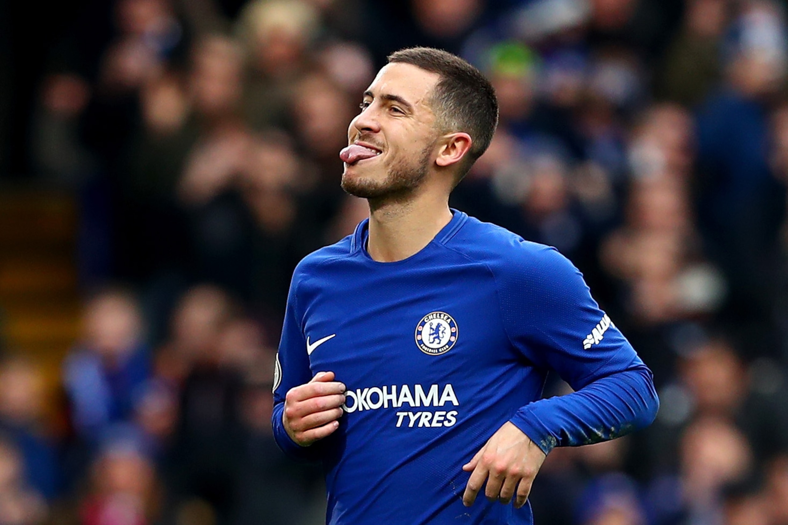 LONDON, ENGLAND - DECEMBER 02:  Eden Hazard of Chelsea celebrates after scoring his sides third goal with Alvaro Morata of Chelsea and Marcos Alonso of Chelsea during the Premier League match between Chelsea and Newcastle United at Stamford Bridge on Dece