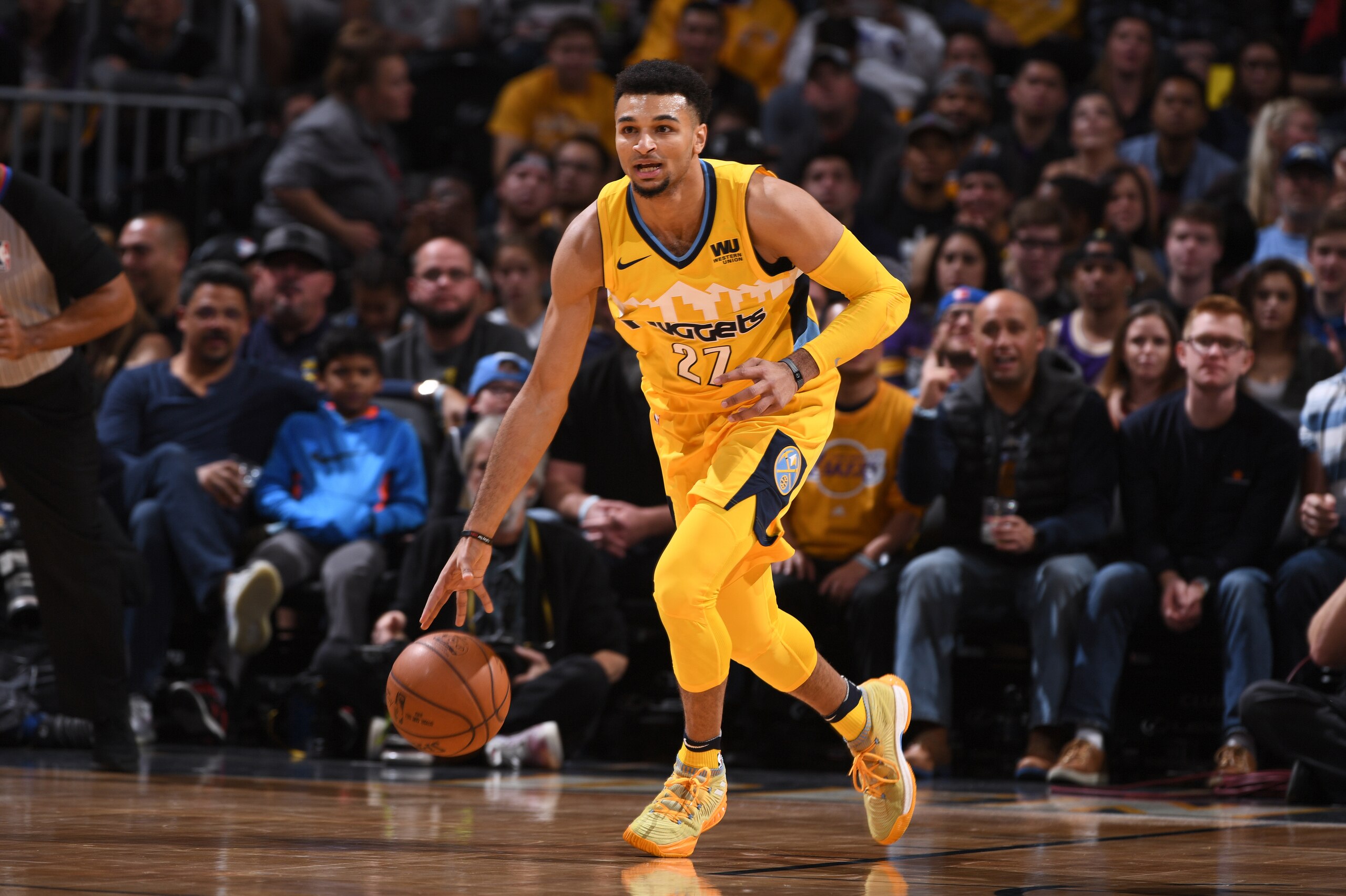 DENVER, CO - DECEMBER 2: Jamal Murray #27 of the Denver Nuggets handles the ball against the Los Angeles Lakers on December 2, 2017 at the Pepsi Center in Denver, Colorado. NOTE TO USER: User expressly acknowledges and agrees that, by downloading and/or u
