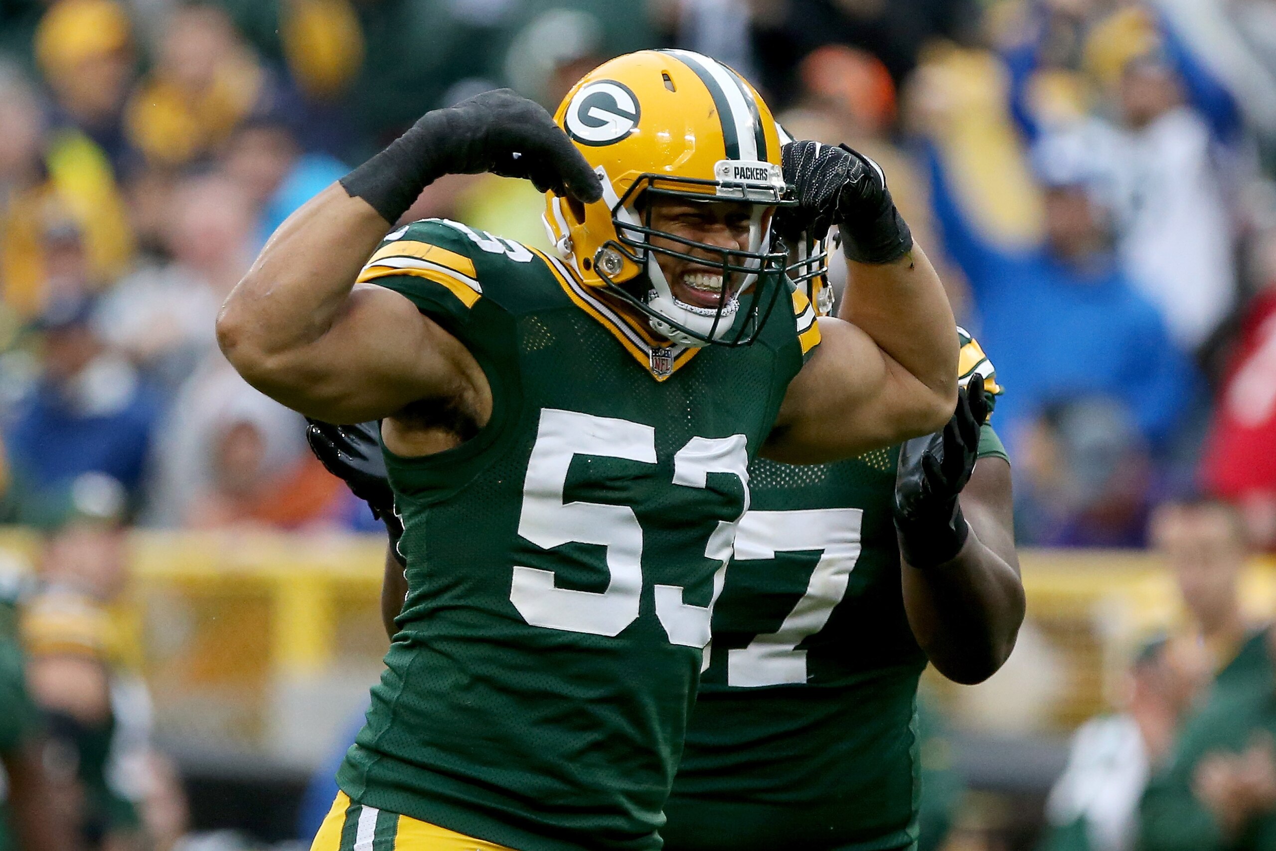 GREEN BAY, WI - OCTOBER 22:  Nick Perry #53 of the Green Bay Packers celebrates after recording a sack in the second quarter against the New Orleans Saints at Lambeau Field on October 22, 2017 in Green Bay, Wisconsin. (Photo by Dylan Buell/Getty Images)