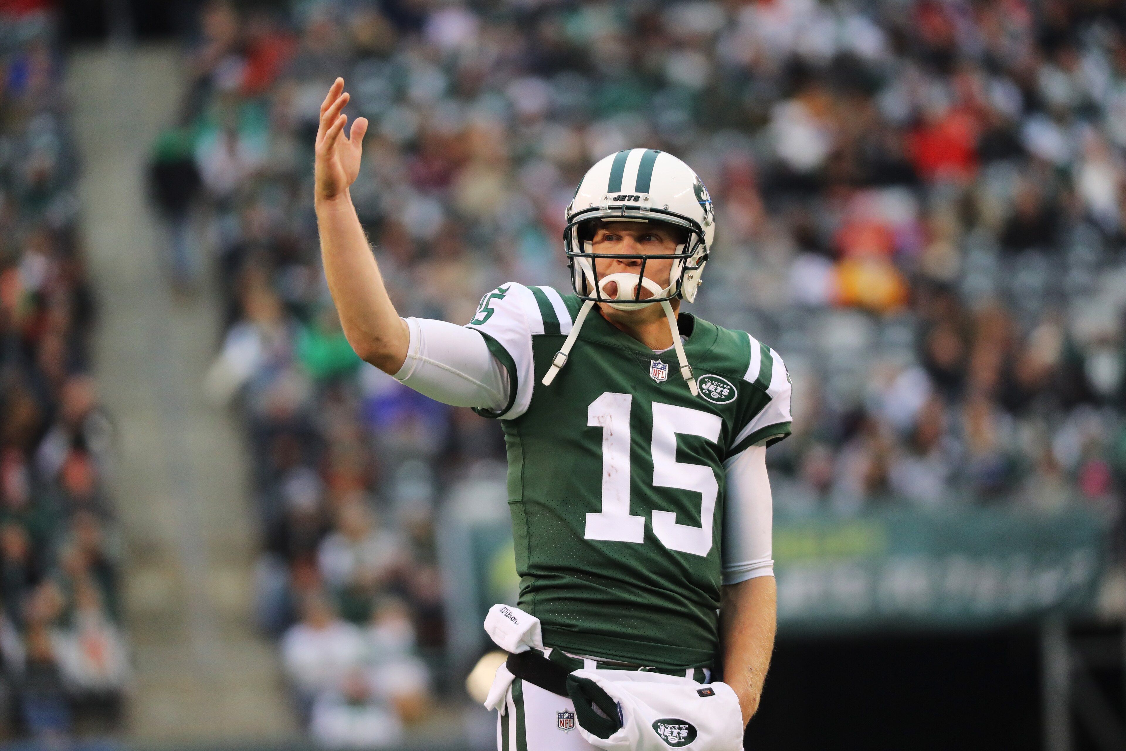 EAST RUTHERFORD, NJ - DECEMBER 03:  Josh McCown #15 of the New York Jetscelebreates after scoring a touchdown in the first quarter during their game at MetLife Stadium on December 3, 2017 in East Rutherford, New Jersey.  (Photo by Abbie Parr/Getty Images)