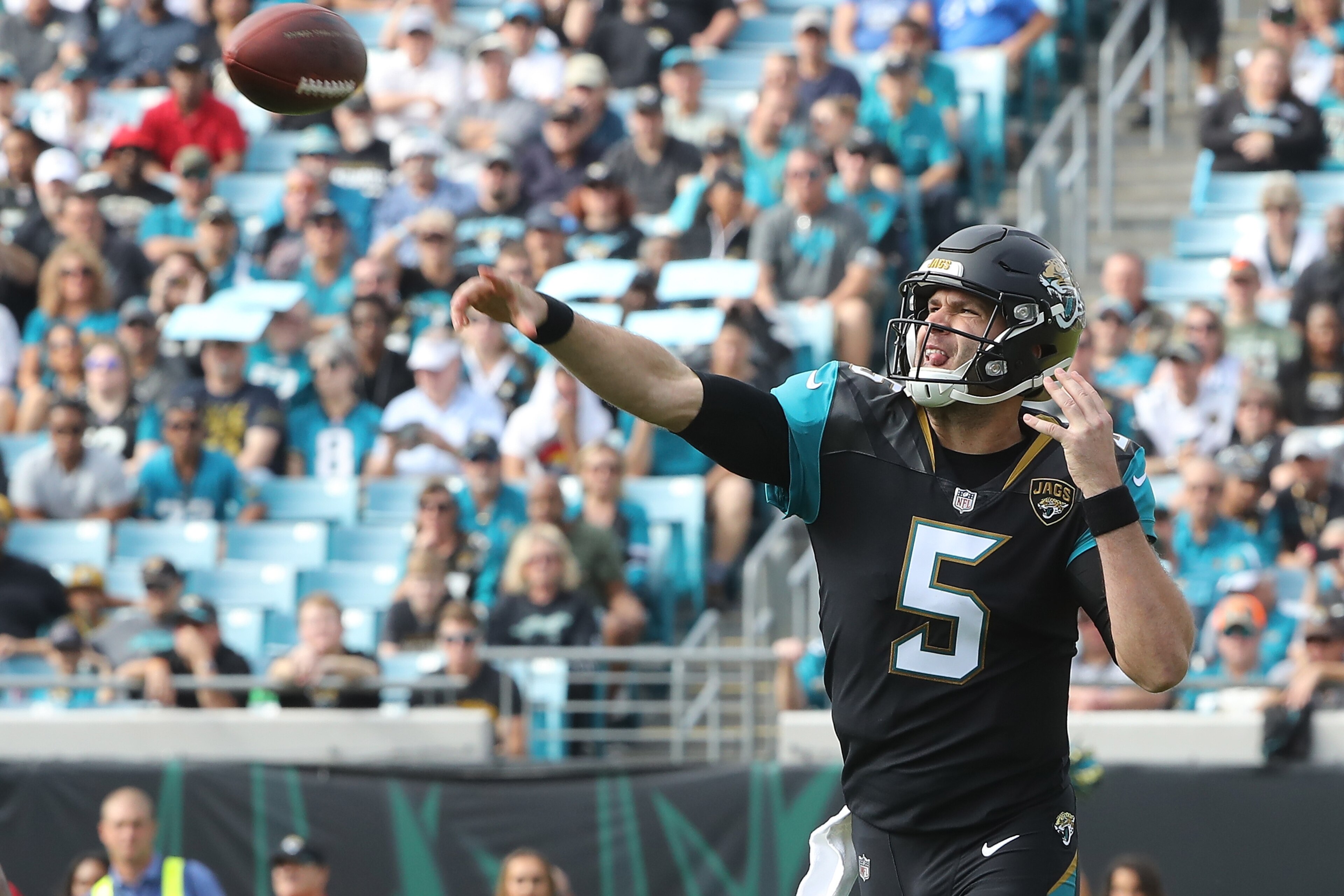 JACKSONVILLE, FL - DECEMBER 03:   Blake Bortles #5 of the Jacksonville Jaguars throws a pass in the first half of their game against the Indianapolis Colts at EverBank Field on December 3, 2017 in Jacksonville, Florida.  (Photo by Sam Greenwood/Getty Imag