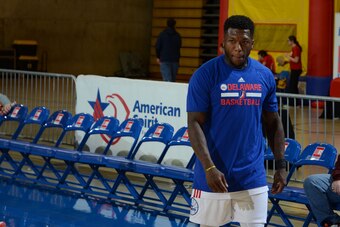 NEWARK, DE- FEBRUARY 14: Nate Robinson #1 of the Delaware 87ers warms up before the game against the Maine Red Claws on February 14, 2017 at the Bob Carpenter Center in Newark, Delaware. NOTE TO USER: User expressly acknowledges and agrees that, by downlo