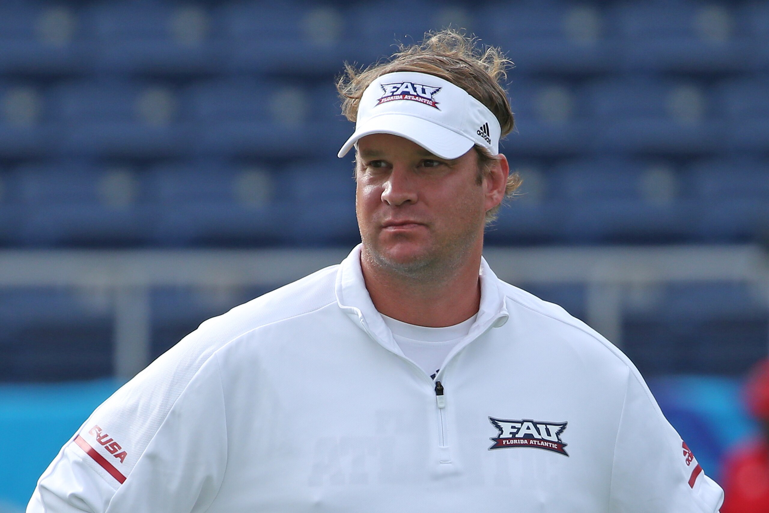 BOCA RATON, FL - OCTOBER 21: Head coach Lane Kiffin of the Florida Atlantic Owls looks on prior to the game against the North Texas Mean Green on October 21, 2017 at FAU Stadium in Boca Raton, Florida. FAU defeated North Texas 69-31. (Photo by Joel Auerba BOCA RATON, FL - OCTOBER 21: Head coach Lane Kiffin of the Florida Atlantic Owls looks on prior to the game against the North Texas Mean Green on October 21, 2017 at FAU Stadium in Boca Raton, Florida. FAU defeated North Texas 69-31. (Photo by Joel Auerba