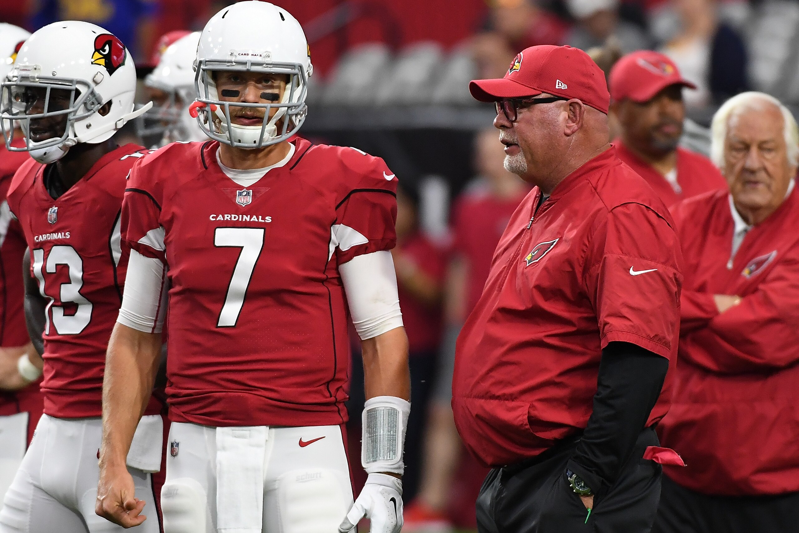 GLENDALE, AZ - DECEMBER 03: Head coach Bruce Arians of the Arizona Cardinals talks with Blaine Gabbert #7 during pregame against the Los Angeles Rams at University of Phoenix Stadium on December 3, 2017 in Glendale, Arizona. (Photo by Norm Hall/Getty Im GLENDALE, AZ - DECEMBER 03: Head coach Bruce Arians of the Arizona Cardinals talks with Blaine Gabbert #7 during pregame against the Los Angeles Rams at University of Phoenix Stadium on December 3, 2017 in Glendale, Arizona. (Photo by Norm Hall/Getty Im
