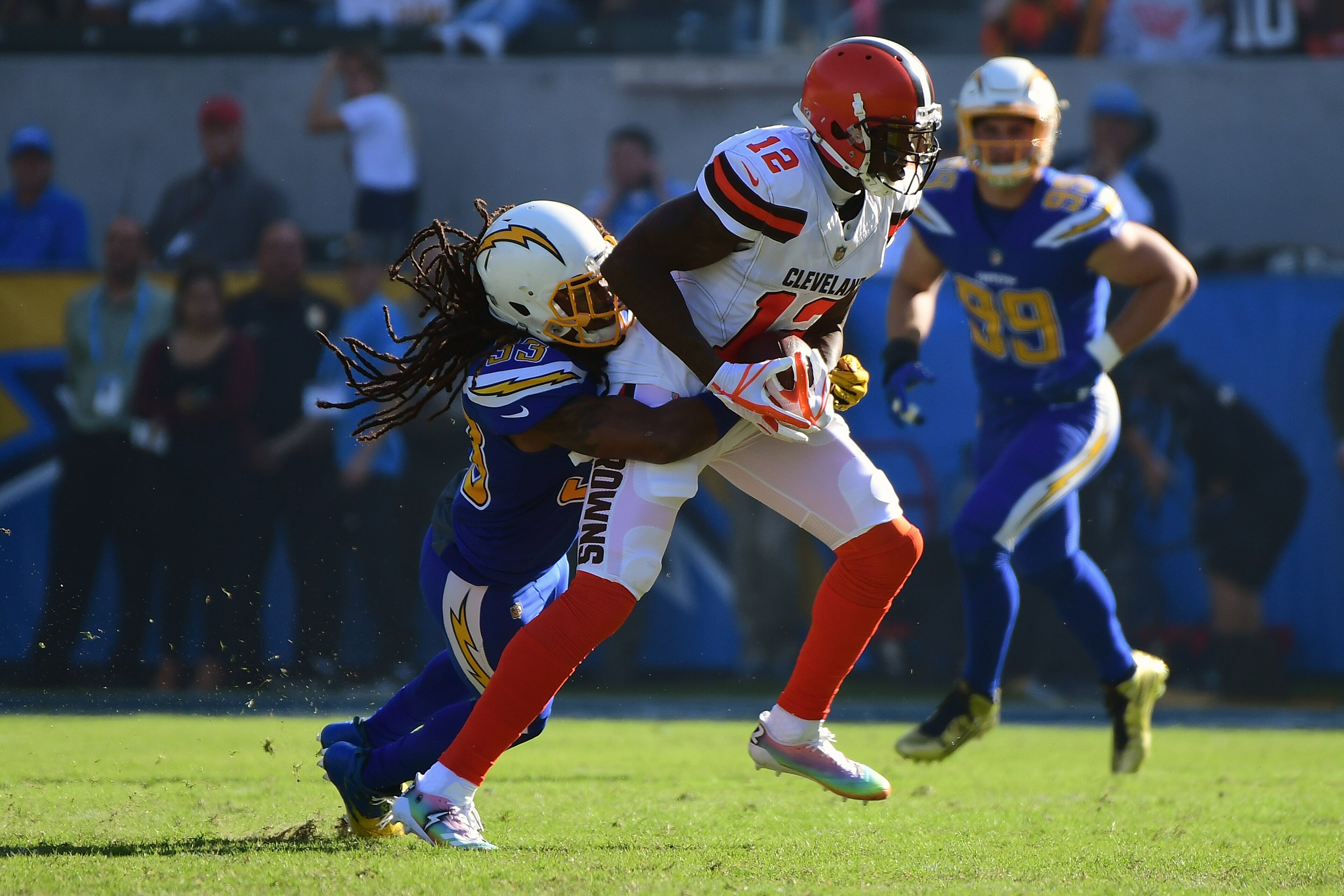 CARSON, CA - DECEMBER 03: Tre Boston #33 of the Los Angeles Chargers tackles Josh Gordon #12 of the Cleveland Browns during the first quarter of the game at StubHub Center on December 3, 2017 in Carson, California. (Photo by Harry How/Getty Images) CARSON, CA - DECEMBER 03: Tre Boston #33 of the Los Angeles Chargers tackles Josh Gordon #12 of the Cleveland Browns during the first quarter of the game at StubHub Center on December 3, 2017 in Carson, California. (Photo by Harry How/Getty Images)