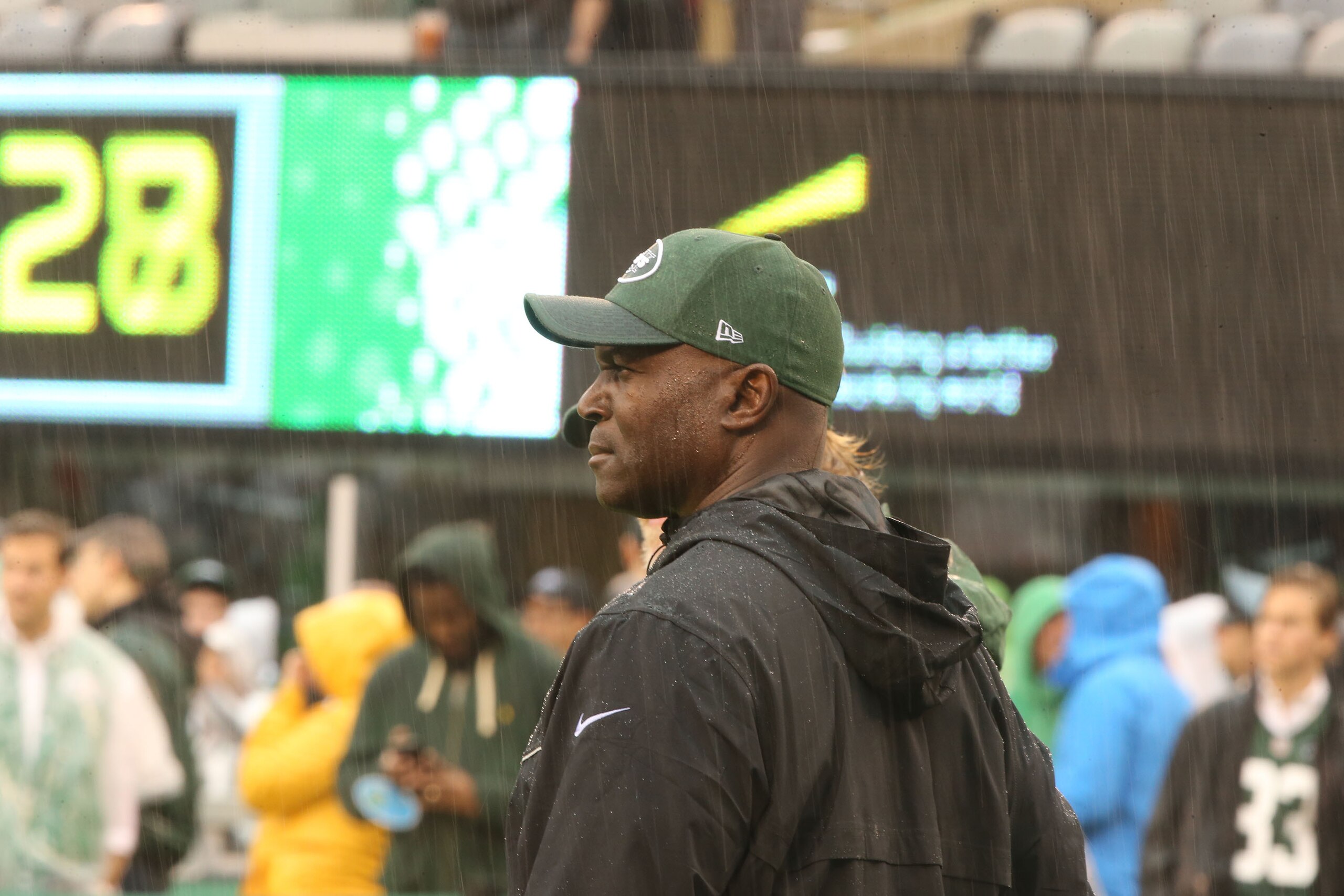 EAST RUTHERFORD, NJ - OCTOBER 29: Head Coach Todd Bowles of the New York Jets in action against the Atlanta Falcons in a heavy rain storm during their game at MetLife Stadium on October 29, 2017 in East Rutherford, New Jersey. (Photo by Al Pereira/Getty I EAST RUTHERFORD, NJ - OCTOBER 29: Head Coach Todd Bowles of the New York Jets in action against the Atlanta Falcons in a heavy rain storm during their game at MetLife Stadium on October 29, 2017 in East Rutherford, New Jersey. (Photo by Al Pereira/Getty I