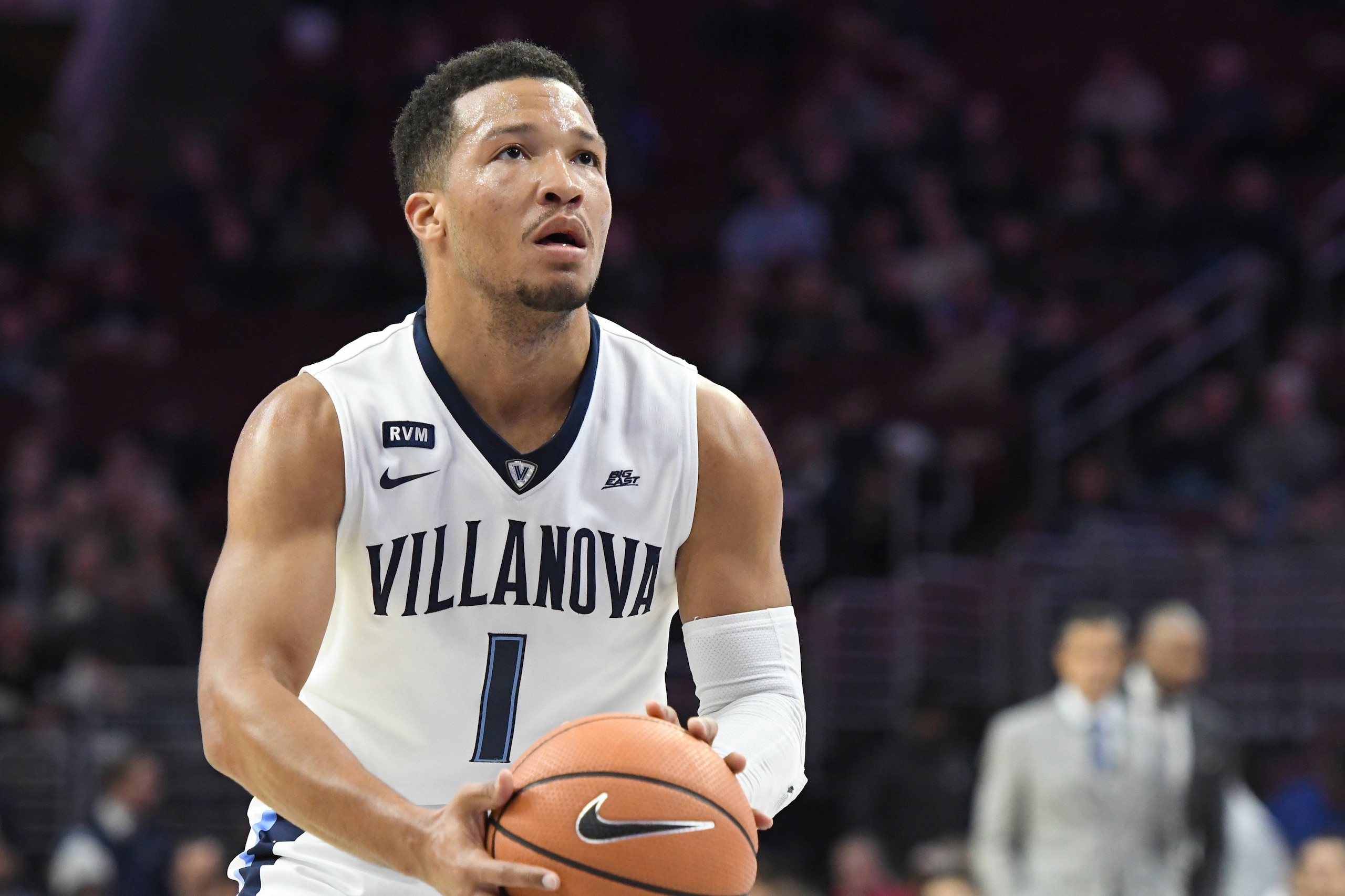 PHILADELPHIA, PA - NOVEMBER 14: Jalen Brunson #1 of the Villanova Wildcats takes a foul shot during a college basketball game against the Nicholls State Colonels at the Wells Fargo Arena on November 14, 2017 in Philadelphia, Pennsylvania. The Wildcats w PHILADELPHIA, PA - NOVEMBER 14: Jalen Brunson #1 of the Villanova Wildcats takes a foul shot during a college basketball game against the Nicholls State Colonels at the Wells Fargo Arena on November 14, 2017 in Philadelphia, Pennsylvania. The Wildcats w