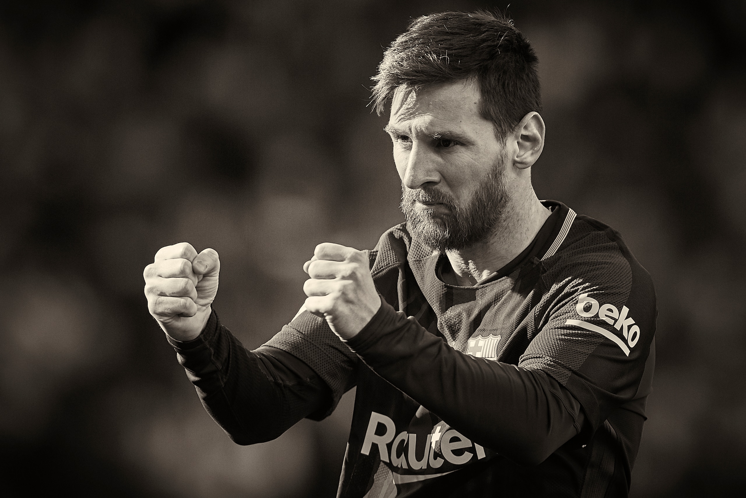 BARCELONA, SPAIN - DECEMBER 02:  (EDITORS NOTE: Image has been converted to black & white)  Lionel Messi of Barcelona celebrates scoring his team's first goal during the La Liga match between Barcelona and Celta de Vigo at Camp Nou on December 2, 2017 in 