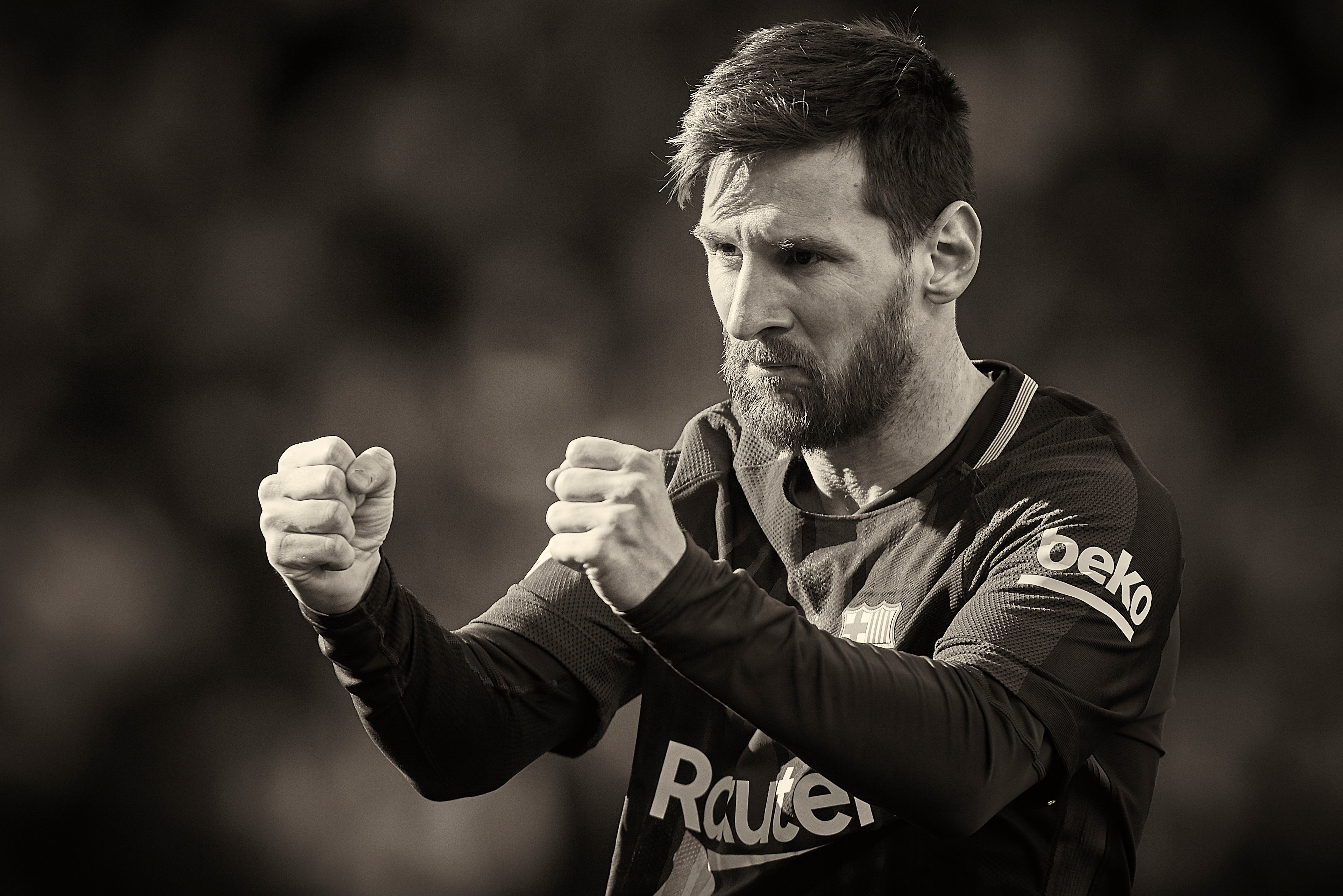 BARCELONA, SPAIN - DECEMBER 02:  (EDITORS NOTE: Image has been converted to black & white)  Lionel Messi of Barcelona celebrates scoring his team's first goal during the La Liga match between Barcelona and Celta de Vigo at Camp Nou on December 2, 2017 in 
