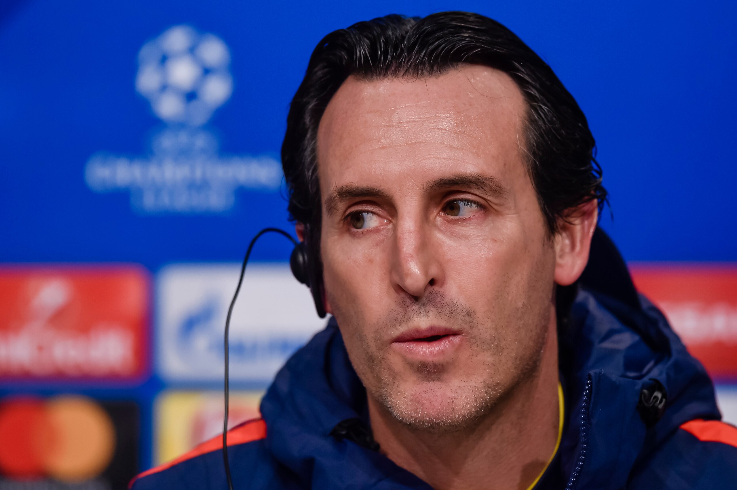 Paris Saint-Germain's Spanish head coach Unai Emery is pictured during a press conference of Paris Saint-Germain ahead of the UEFA Champions League Group B match between FC Bayern Munich vs PSG Paris, at the Allianz Arena in Munich, southern Germany, on D