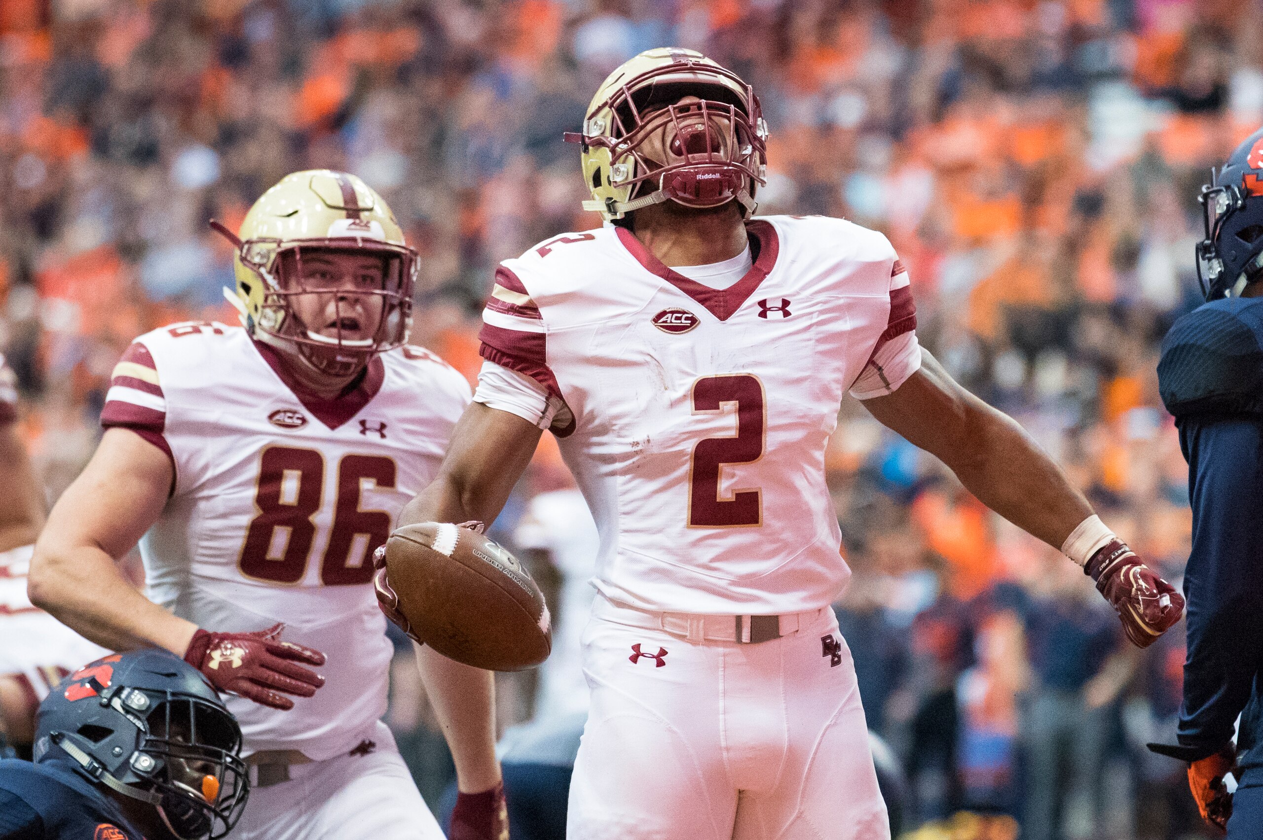 SYRACUSE, NY - NOVEMBER 25: AJ Dillon #2 of the Boston College Eagles celebrates a touchdown during the first quarter that makes the score 14-7 Boston College leading Syracuse Orange at the Carrier Dome on November 25, 2017 in Syracuse, New York. (Photo SYRACUSE, NY - NOVEMBER 25: AJ Dillon #2 of the Boston College Eagles celebrates a touchdown during the first quarter that makes the score 14-7 Boston College leading Syracuse Orange at the Carrier Dome on November 25, 2017 in Syracuse, New York. (Photo