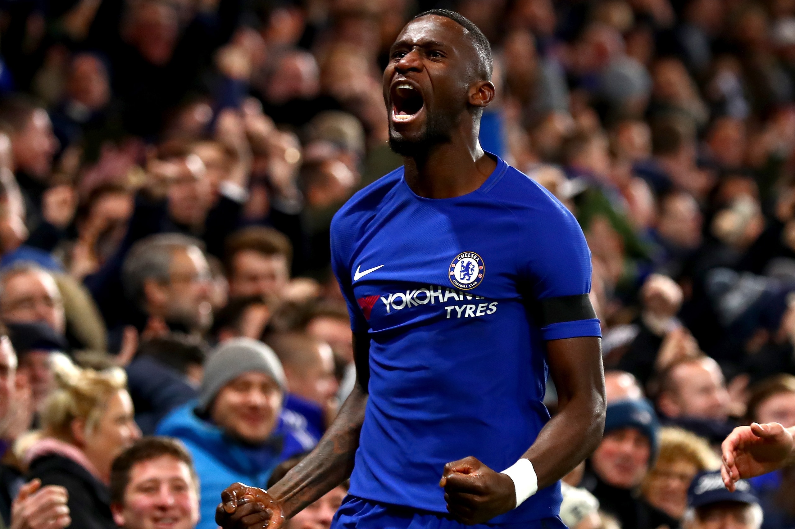 LONDON, ENGLAND - NOVEMBER 29: Antonio Rudiger of Chelsea celebrates after scoring his sides second goal during the Premier League match between Chelsea and Swansea City at Stamford Bridge on November 29, 2017 in London, England (Photo by Clive Rose/Get LONDON, ENGLAND - NOVEMBER 29: Antonio Rudiger of Chelsea celebrates after scoring his sides second goal during the Premier League match between Chelsea and Swansea City at Stamford Bridge on November 29, 2017 in London, England (Photo by Clive Rose/Get