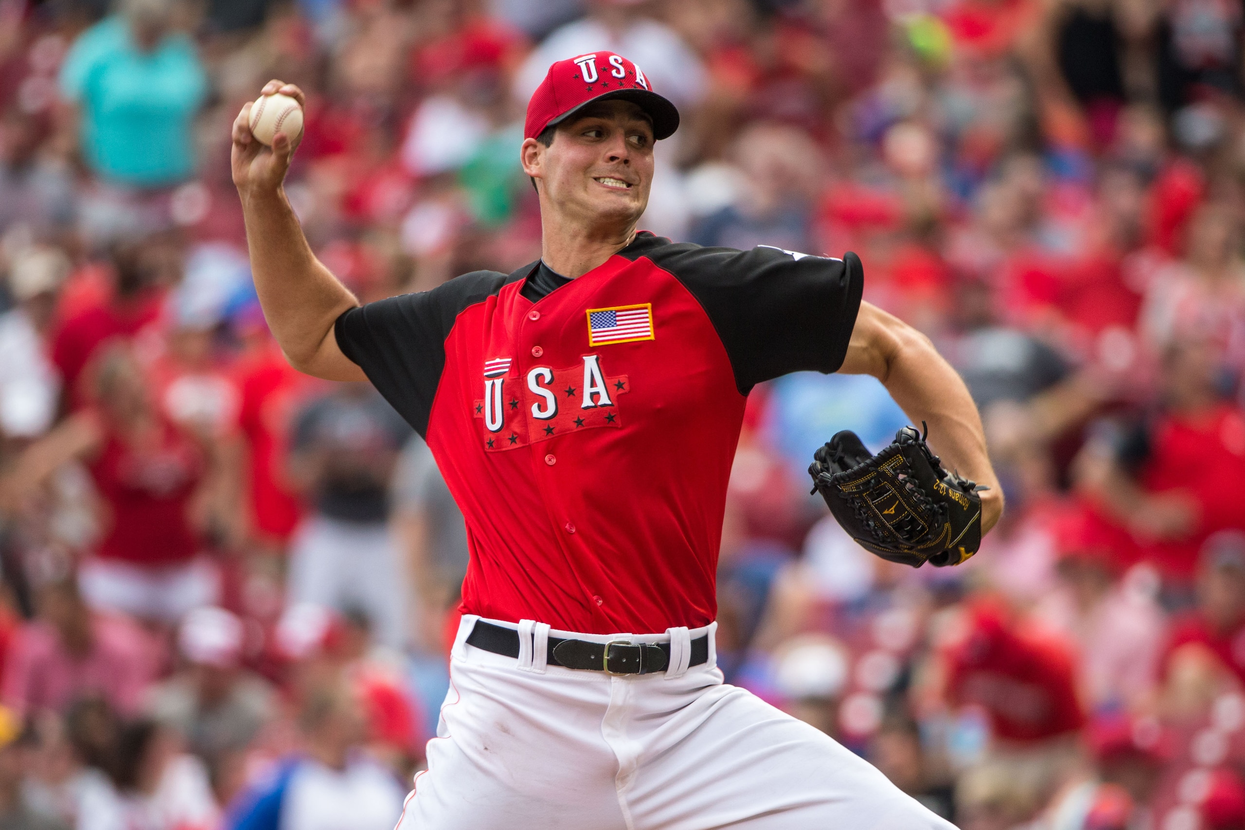 CINCINNATI, OH- JULY 12: Mark Appel #26 of the U.S. Team pitches during the SiriusXM All-Star Futures Game at the Great American Ball Park on July 12, 2015 in Cincinnati, Ohio. (Photo by Brace Hemmelgarn/Minnesota Twins/Getty Images)