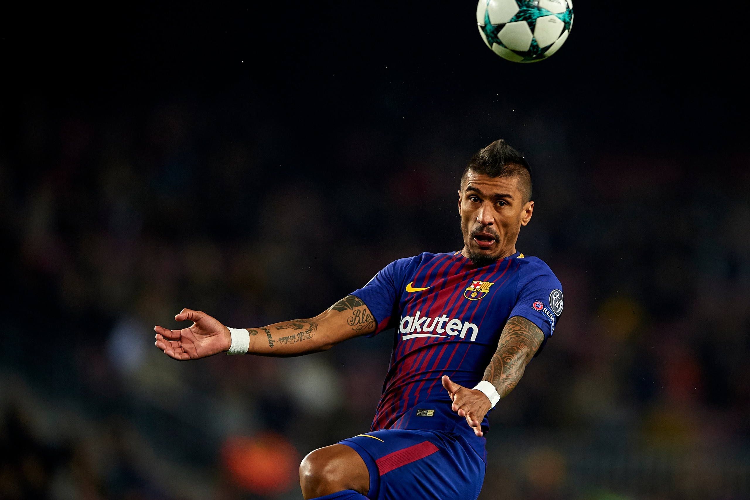 BARCELONA, SPAIN - DECEMBER 05:  Jose Paulo Bezerra 'Paulinho' of FC Barcelona in action during the UEFA Champions League group D match between FC Barcelona and Sporting CP at Camp Nou on December 5, 2017 in Barcelona, Spain.  (Photo by Manuel Queimadelos
