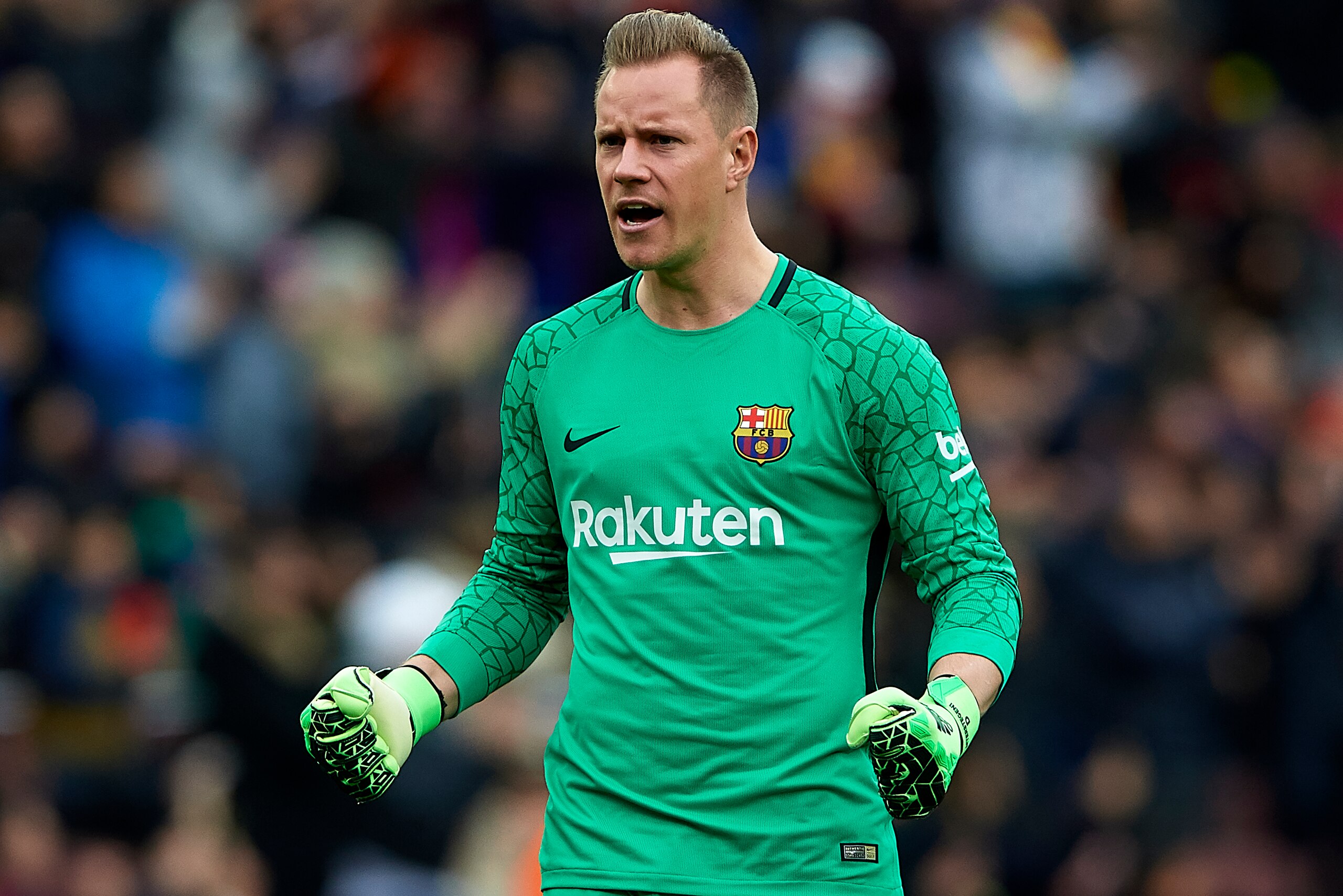 BARCELONA, SPAIN - DECEMBER 02:  Ter Stegen of Barcelona celebrates during the La Liga match between Barcelona and Celta de Vigo at Camp Nou on December 2, 2017 in Barcelona, Spain.  (Photo by Manuel Queimadelos Alonso/Getty Images)