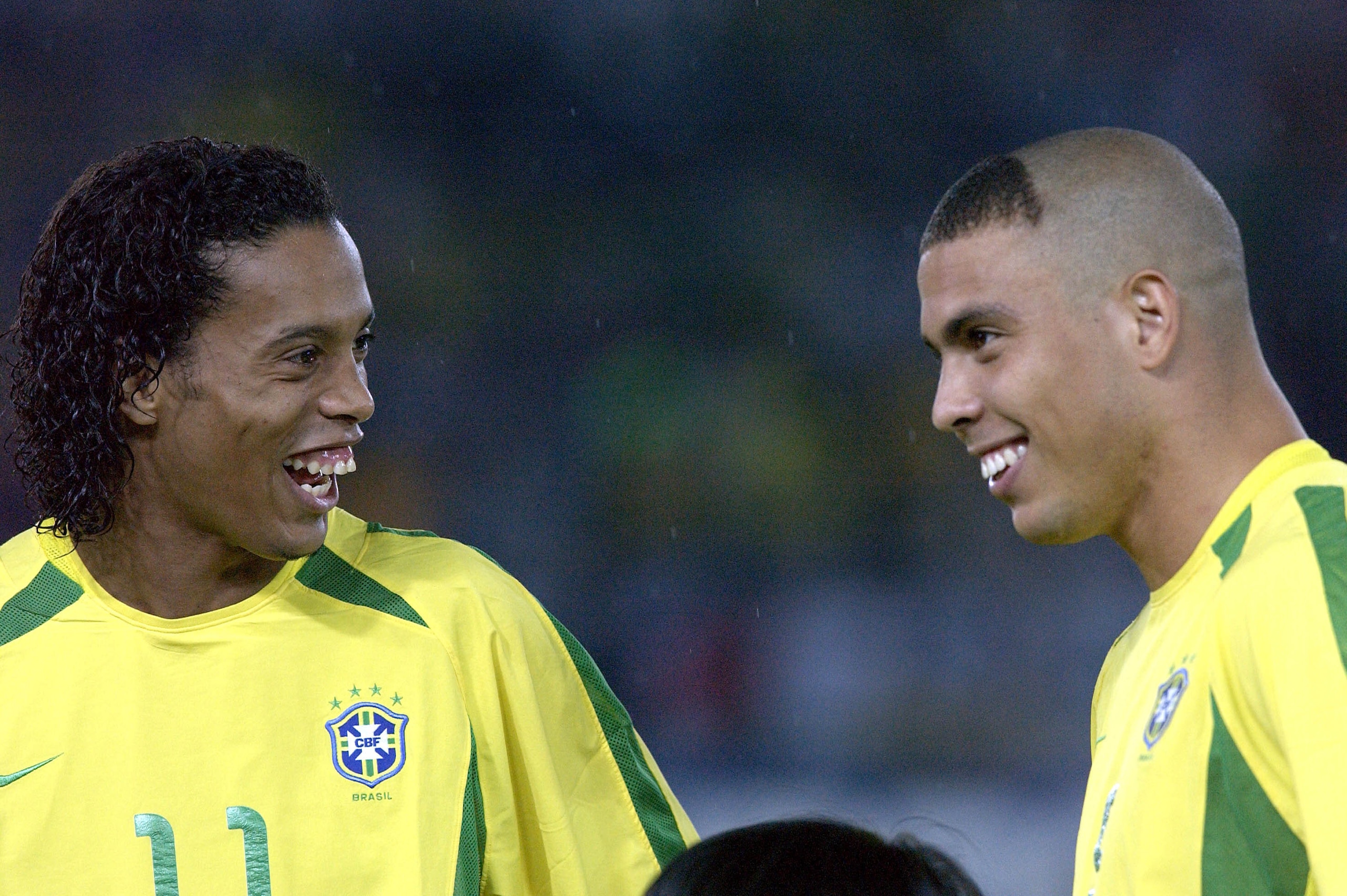 30 Jun 2002:  Ronaldinho (L) and Ronaldo of Brazil chat during the Germany v Brazil, World Cup Final match played at the International Stadium Yokohama, Yokohama, Japan.