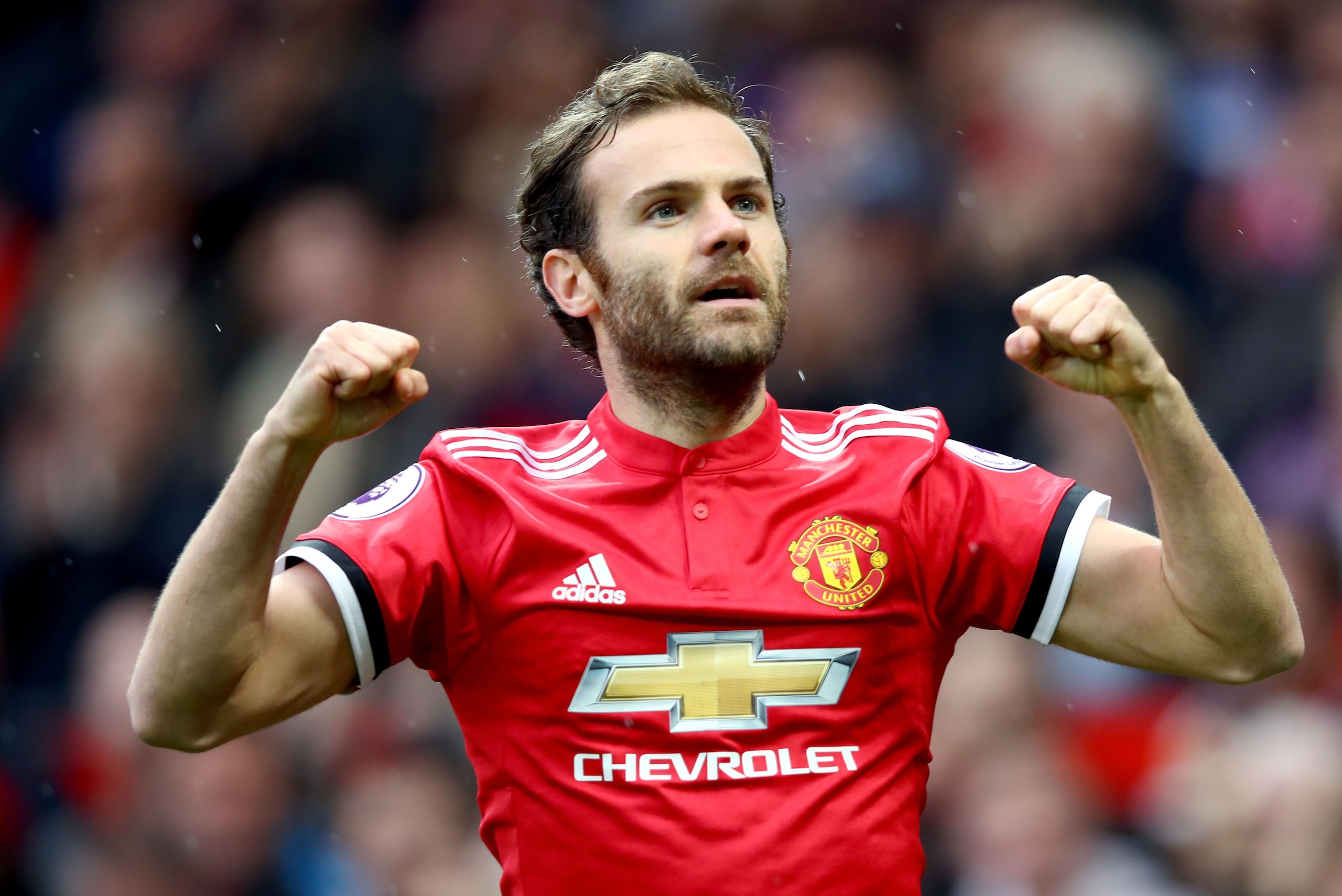 MANCHESTER, ENGLAND - SEPTEMBER 30:  Juan Mata of Manchester United celebrates scoring the opening goal during the Premier League match between Manchester United and Crystal Palace at Old Trafford on September 30, 2017 in Manchester, England.  (Photo by C