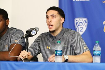 LOS ANGELES, CA - NOVEMBER 15:  LiAngelo Ball and Cody Riley (L) of the UCLA Men's Baskeball team speak to the media during a press conference at Pauley Pavilion on November 15, 2017 in Los Angeles, California. Ball, Riley and Jalen Hill have been suspend