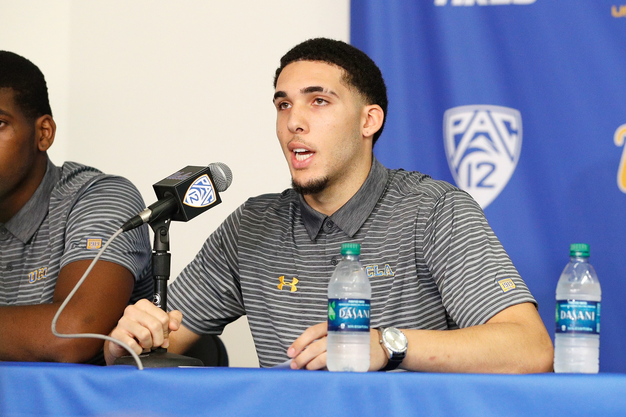 LOS ANGELES, CA - NOVEMBER 15:  LiAngelo Ball and Cody Riley (L) of the UCLA Men's Baskeball team speak to the media during a press conference at Pauley Pavilion on November 15, 2017 in Los Angeles, California. Ball, Riley and Jalen Hill have been suspend