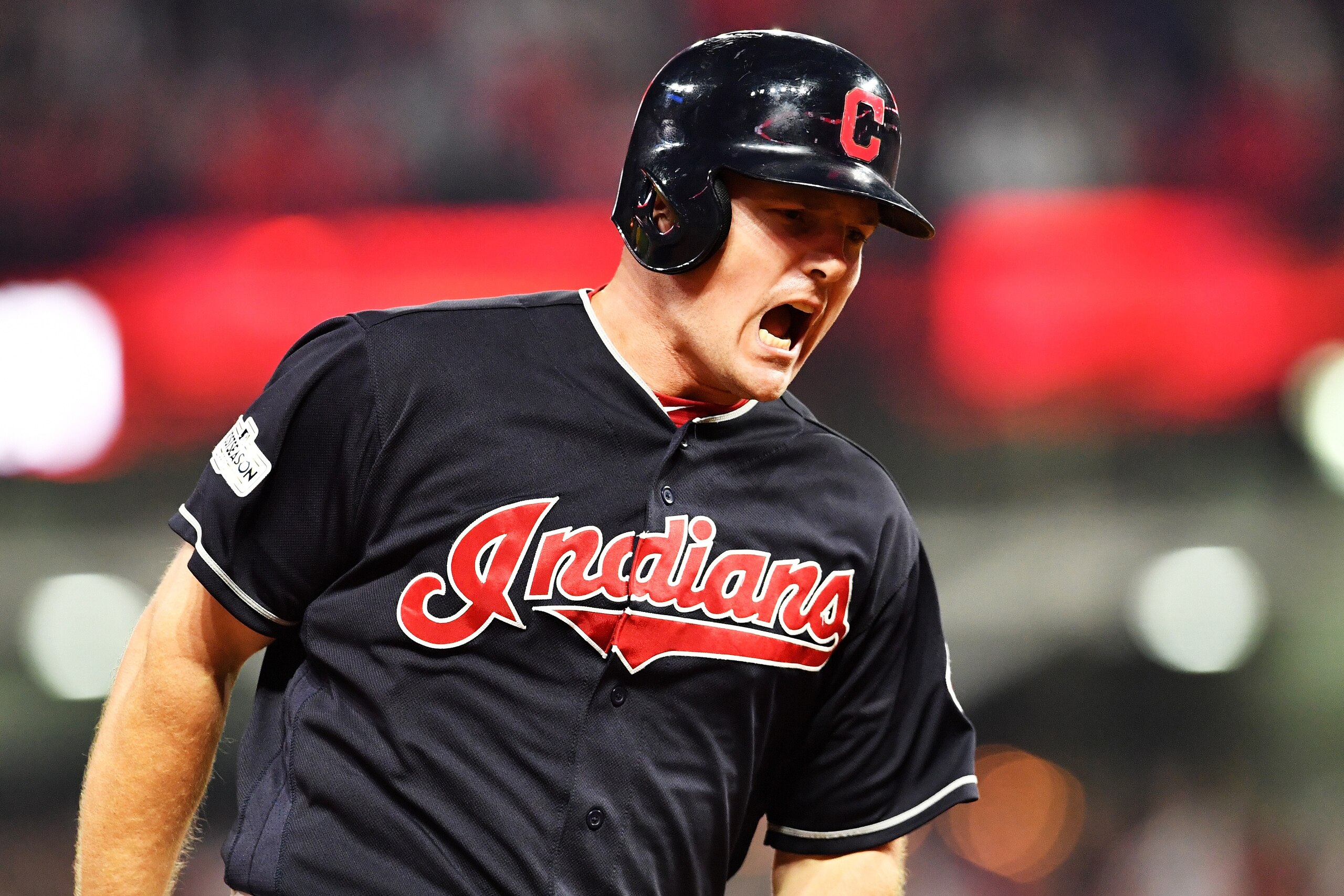 CLEVELAND, OH - OCTOBER 06:  Jay Bruce #32 of the Cleveland Indians runs the bases after hitting a solo home run in the eighth inning against the New York Yankees during game two of the American League Division Series at Progressive Field on October 6, 20