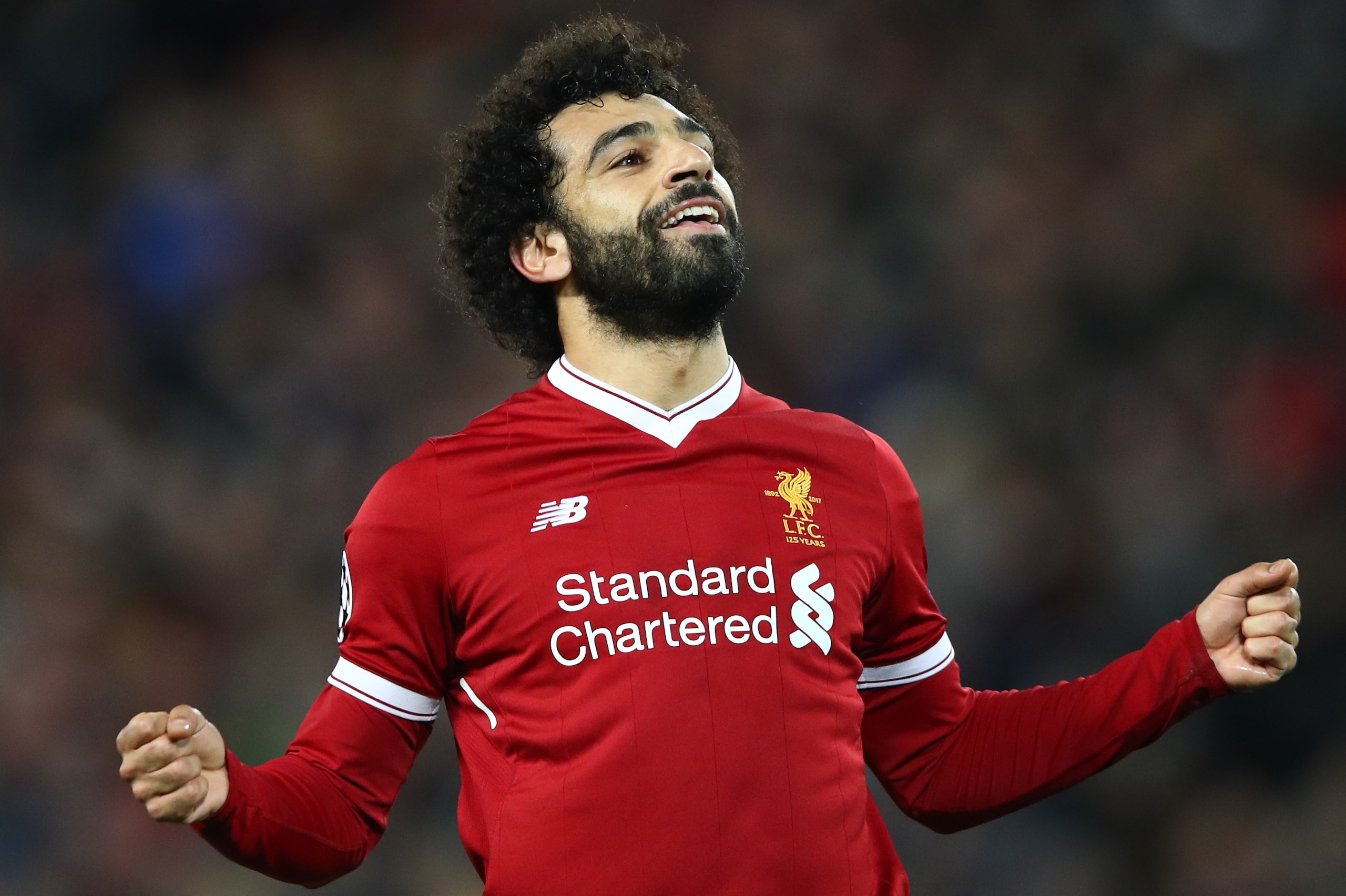 LIVERPOOL, ENGLAND - DECEMBER 06:  Mohamed Salah of Liverpool celebrates after scoring his sides sixth goal during the UEFA Champions League group E match between Liverpool FC and Spartak Moskva at Anfield on December 6, 2017 in Liverpool, United Kingdom.