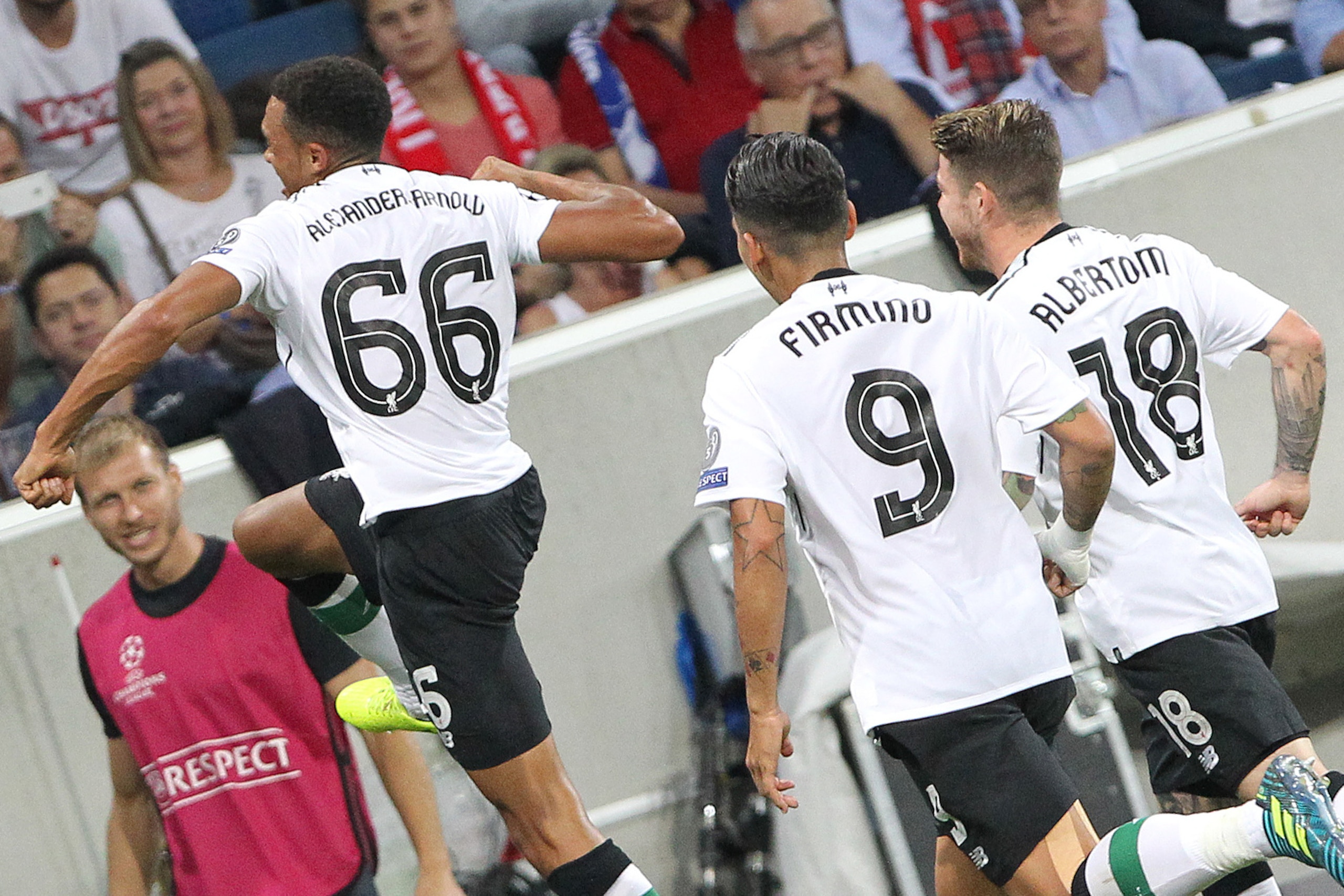 Liverpool's English midfielder Trent Alexander-Arnold celebrates scoring the 1-0 during the Champions League football qualifier match TSG 1899 Hoffenheim vs Liverpool FC in Sinsheim, Germany, on August 15, 2017. / AFP PHOTO / Daniel ROLAND        (Photo c