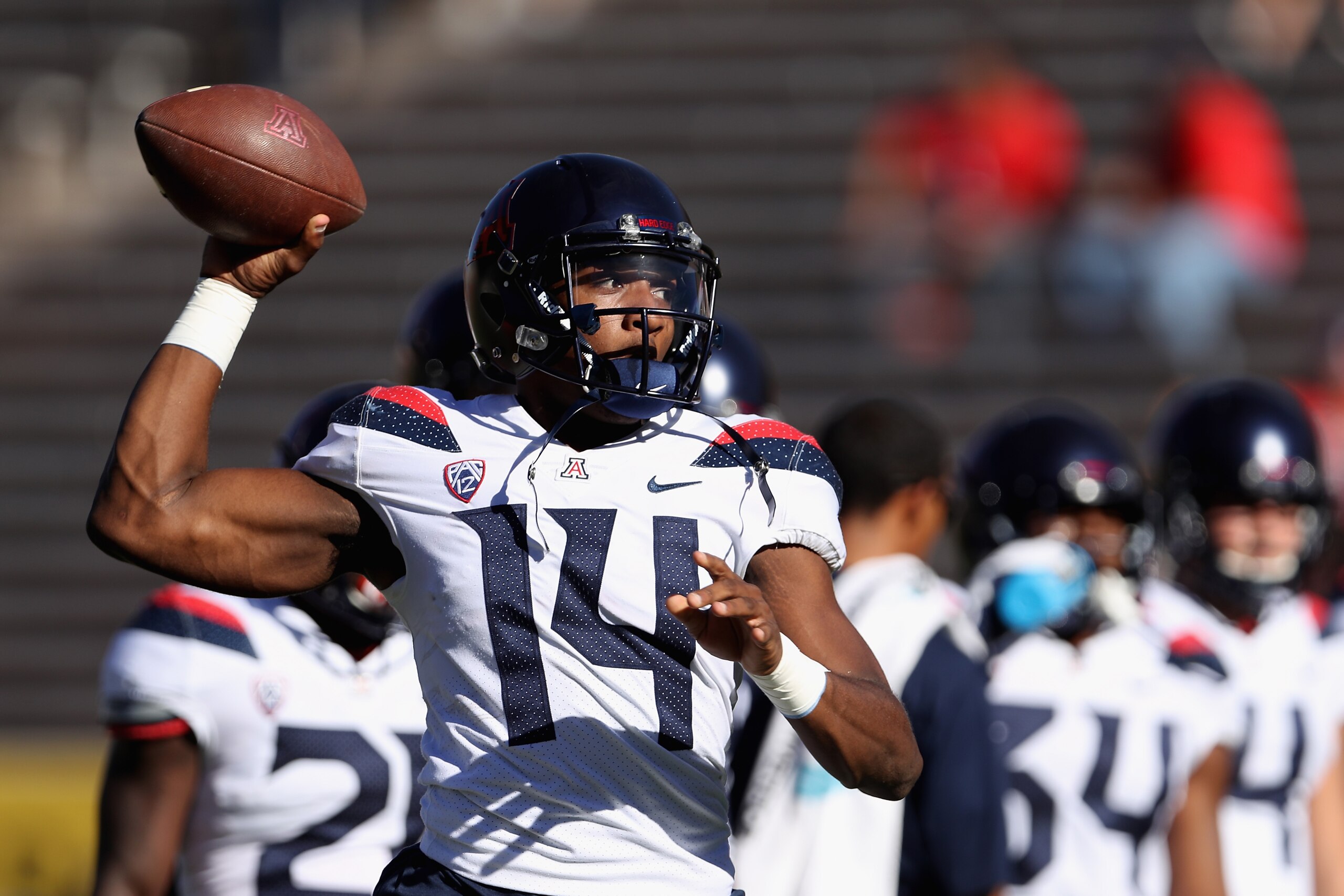 TEMPE, AZ - NOVEMBER 25:  Quarterback Khalil Tate #14 of the Arizona Wildcats warms up before the college football game against the Arizona State Sun Devils at Sun Devil Stadium on November 25, 2017 in Tempe, Arizona.  (Photo by Christian Petersen/Getty I