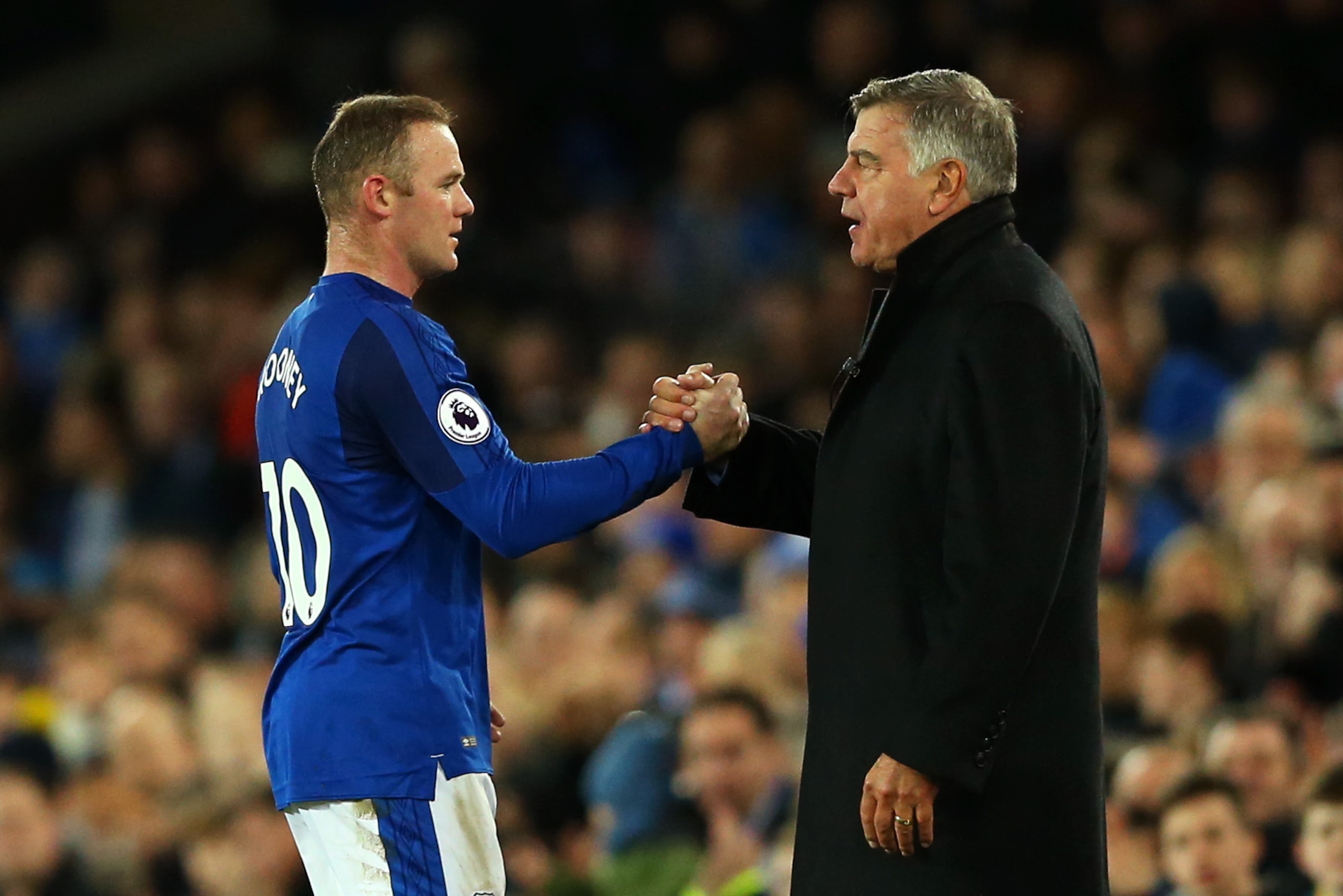 LIVERPOOL, ENGLAND - DECEMBER 02: Wayne Rooney of Everton and Sam Allardyce, Manager of Everton shake hands during the Premier League match between Everton and Huddersfield Town at Goodison Park on December 2, 2017 in Liverpool, England.  (Photo by Jan Kr