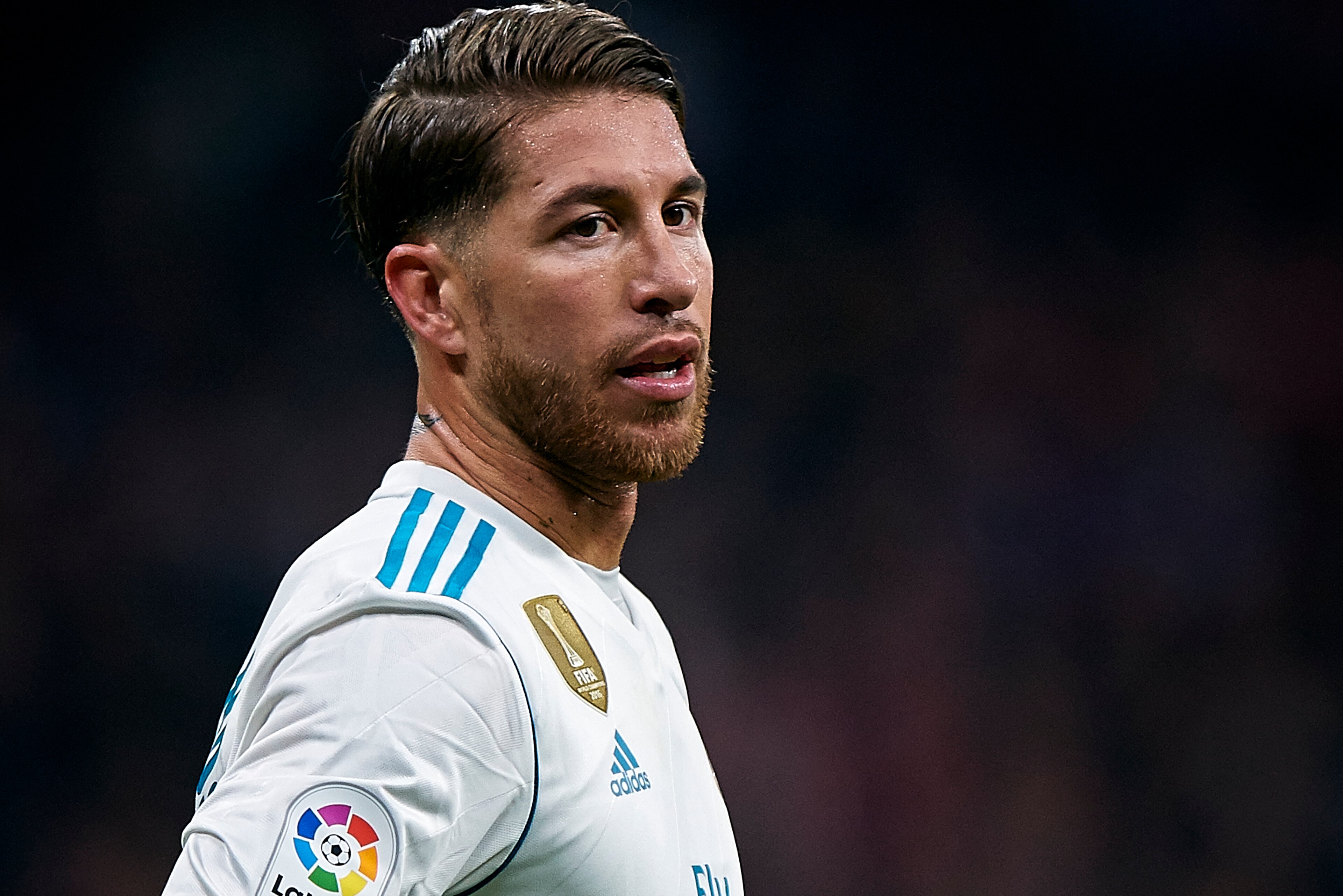 MADRID, SPAIN - NOVEMBER 18:  Sergio Ramos of Real Madrid reacts during the La Liga match between Atletico Madrid and Real Madrid at Wanda Metropolitano Stadium on November 18, 2017 in Madrid, Spain.  (Photo by fotopress/Getty Images)