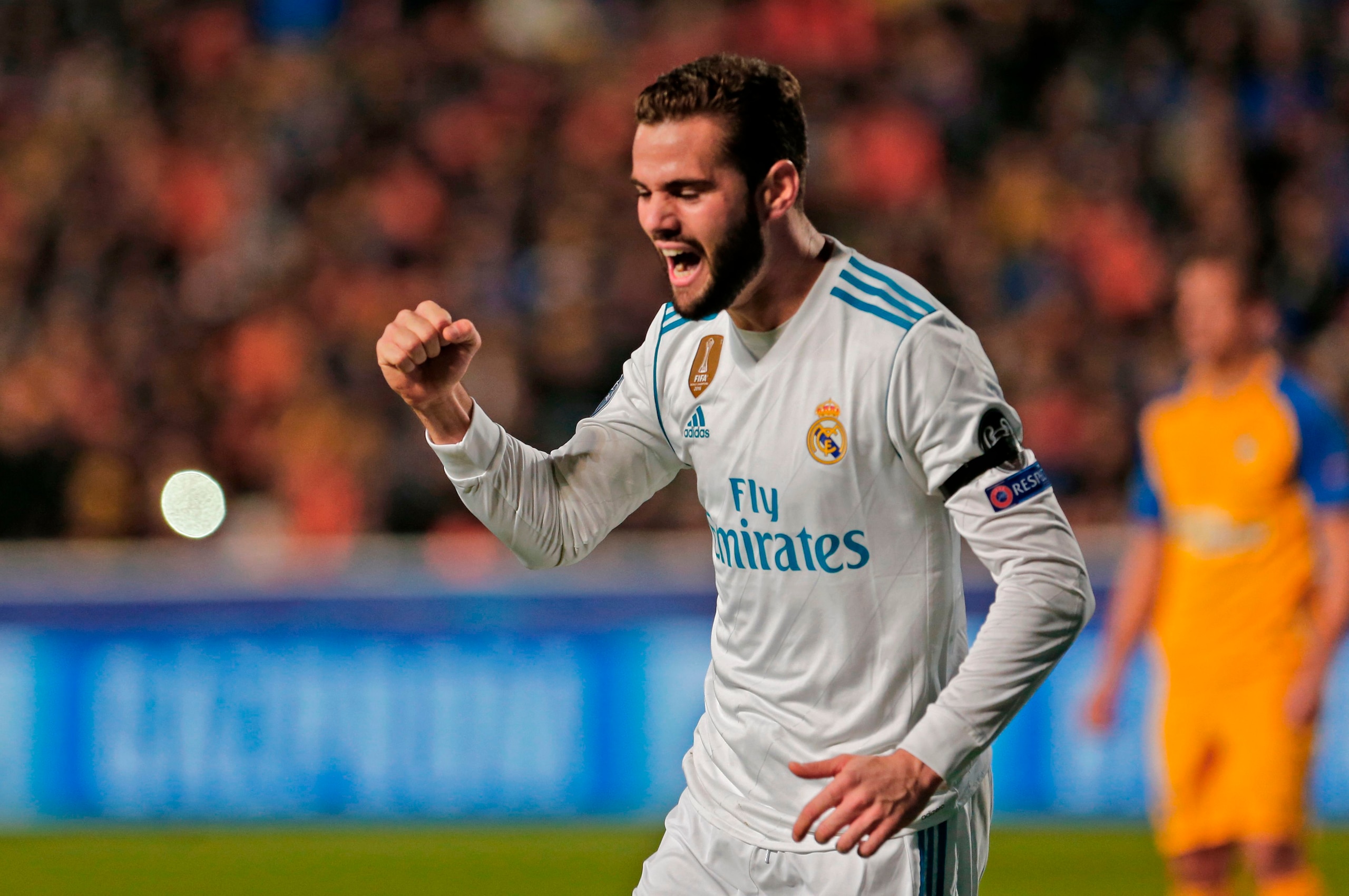 Real Madrid's Spanish defender Nacho celebrates his goal during the UEFA Champions League Group H match between Apoel FC and Real Madrid on November 21, 2017, in the Cypriot capital Nicosia's GSP Stadium. / AFP PHOTO / Florian CHOBLET (Photo credi Real Madrid's Spanish defender Nacho celebrates his goal during the UEFA Champions League Group H match between Apoel FC and Real Madrid on November 21, 2017, in the Cypriot capital Nicosia's GSP Stadium. / AFP PHOTO / Florian CHOBLET (Photo credi
